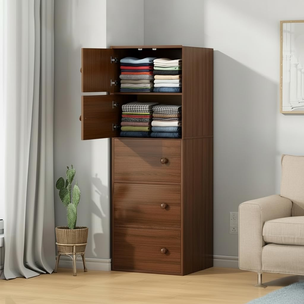 EXVITO Engineered Wood Wardrobe for Bedroom | Foldable 5-Shelf Wooden Storage Cabinet | Cupboard Almirah for Clothes | Collapsible Wardrobe | Space Saving Wooden Cabinet - Walnut