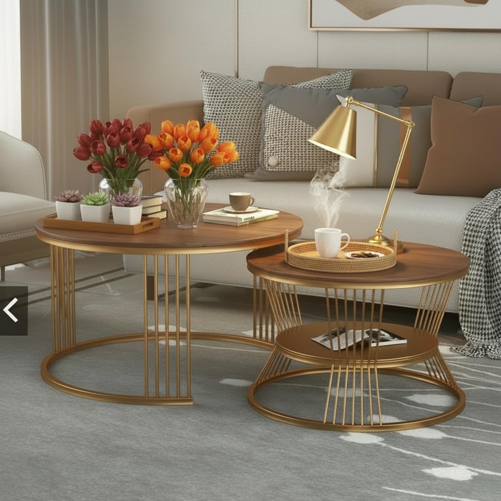 BLISS HOME DECOR Iron Frame Handmade Round Coffee Table / Nesting Table / Side Table / Center Table with Engineered Wood Top for Living Room/Drawing Room/Balcony (Gold & Brown)