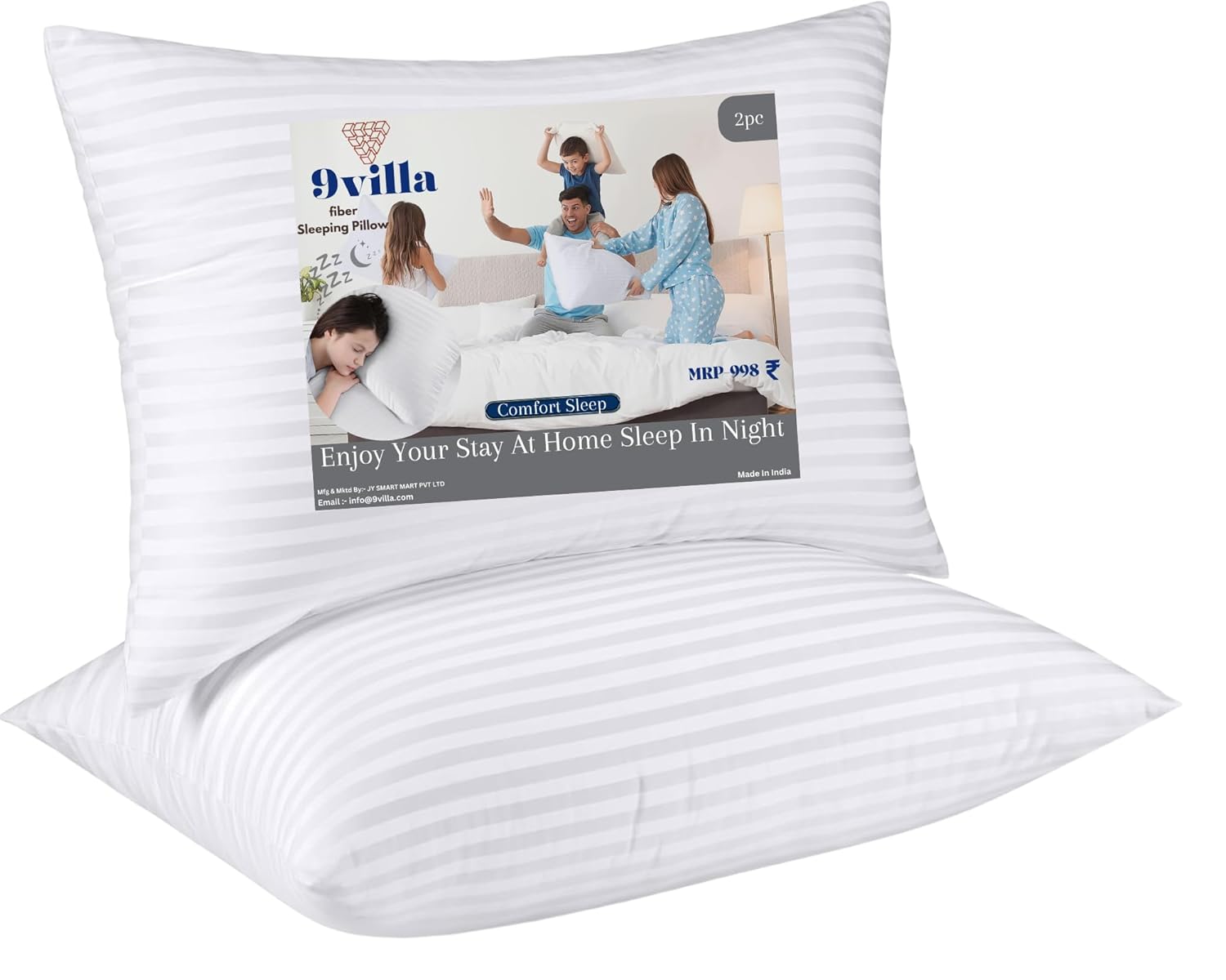 Hollow Fiber Sleeping Pillow 41X61 CM (16X24 inch) Satin Strpe White Fabric Microfiber Pillow Pack/Set of 2