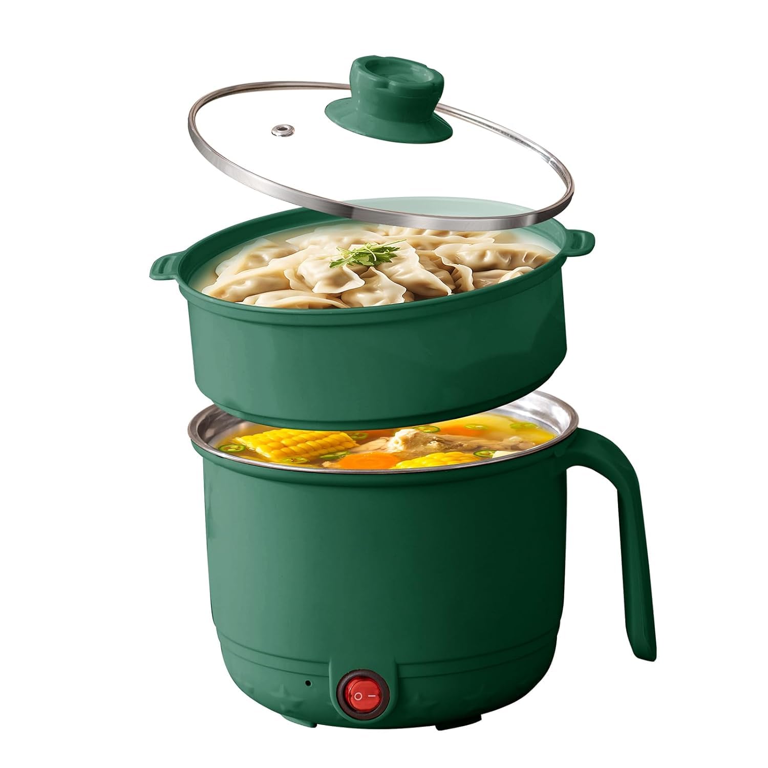 Electric Multipurpose Cooking Pot 1.2L with Steamer Basket & Glass Lid - Stainless Steel Inner Mini Cooker, Portable Hot Pot for Rice Noodles Soup Pasta | Travel Cooker for Home, Office, Hostel (Green)