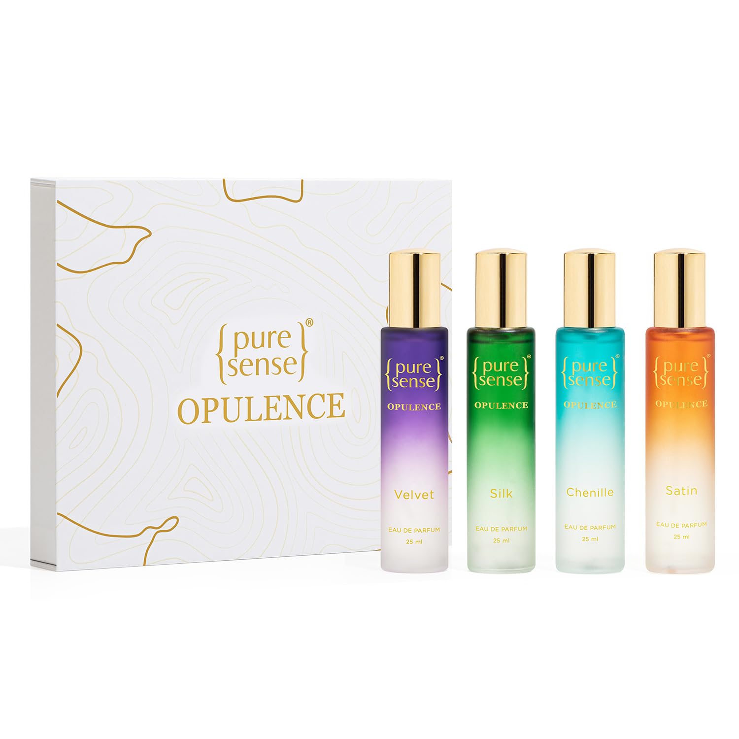 PureSense Opulence Perfume Gift Set (Silk x Velvet x Satin x Chenille) | Birthday Gifts | Long Lasting Luxury Perfume Travel Combo Pack 25x4ml | for Men & Women