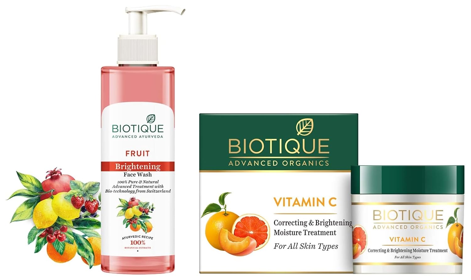 Biotique Vitamin C Correcting & Brightening Non Greasy Face Cream For All Skin Types, 50g Younger Looking Nourished & Bright Skin & Fruit Brightning Face Wash, 200ml