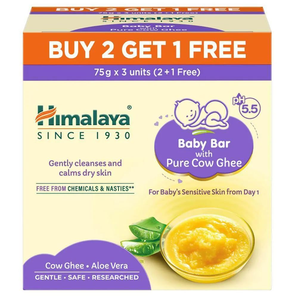 Himalaya Baby Bar with Pure Cow Ghee 75g|B2G1|Ph5.5|Aloe Vera|Soap Free |Safe For Newborn|For Baby's Sensitive Skin From Day 1|No dryness|No Parabens|No Synthetic color|Dermatologically Tested|Pediatrician Evaluated