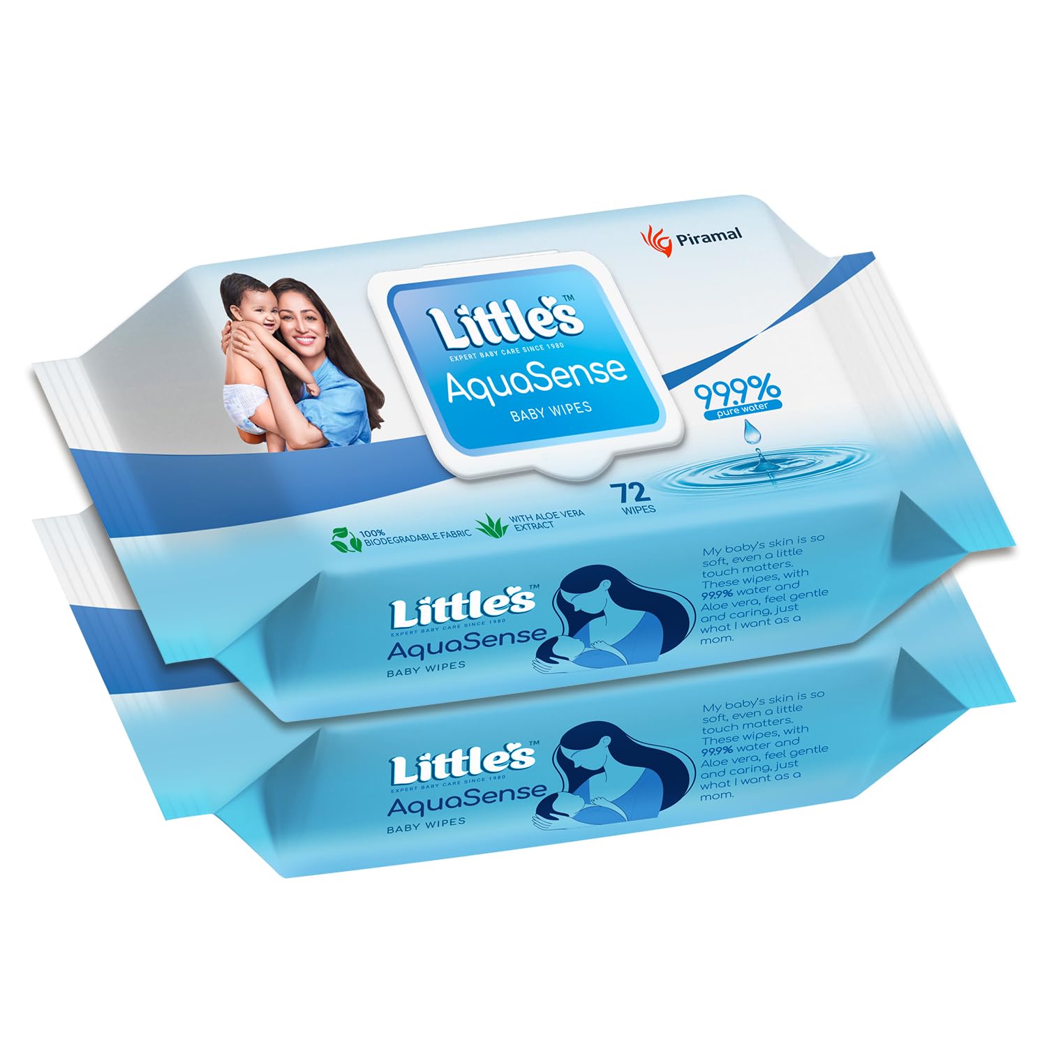 Little's 99.9% Pure Water AquaSense Baby Wipes | Unscented | with Aloe Vera | Pack of 2 X 72 Wipes | Plant-based | 100% Biodegradable | No Paraben