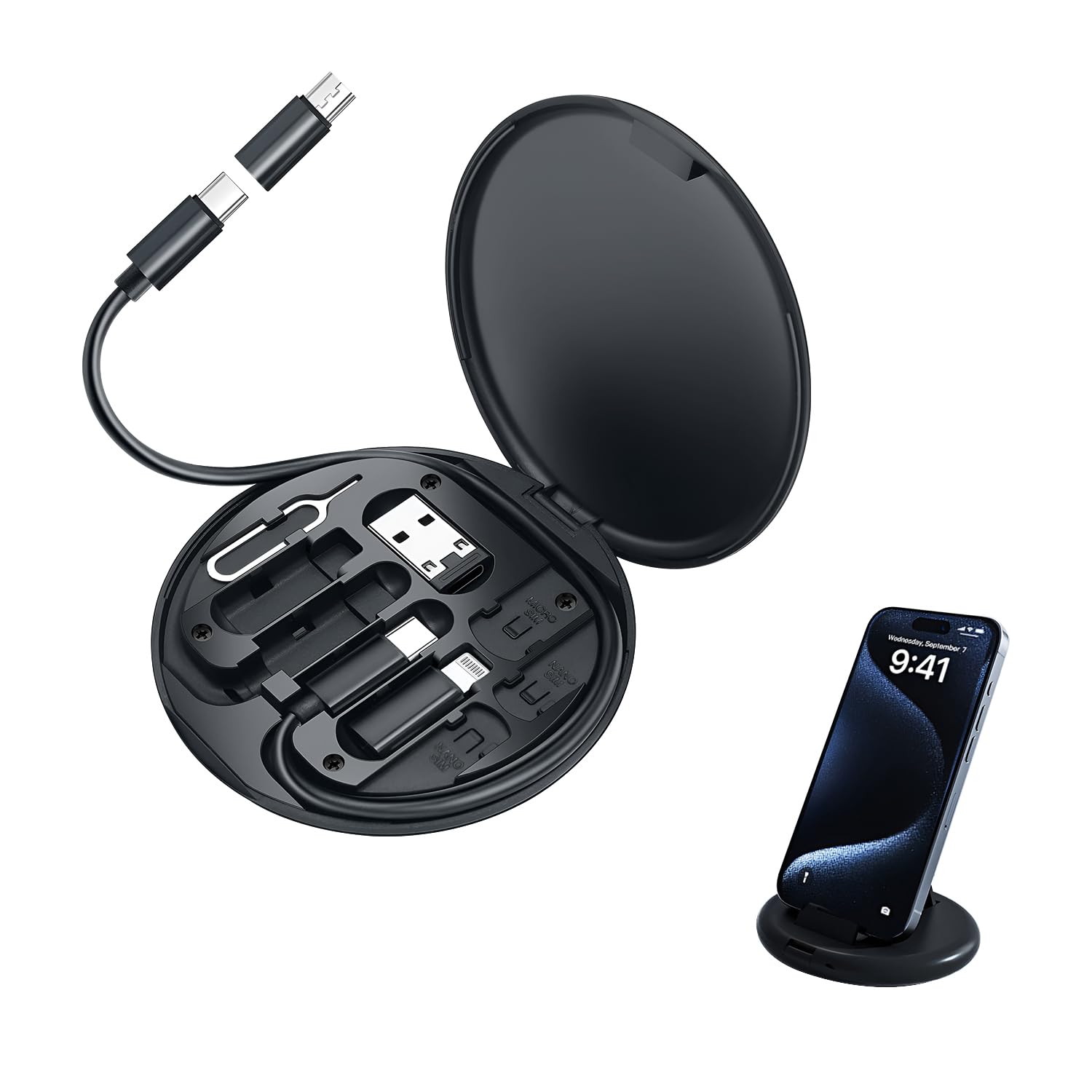 HUMBLE Mini Multi-Functional Fast Charging Data Cable Set for Apple, Android, Type C Charging with Retrieve Card Pin , Round Storage Box,Compact and Portable USB Data Cable Storage Box-Black