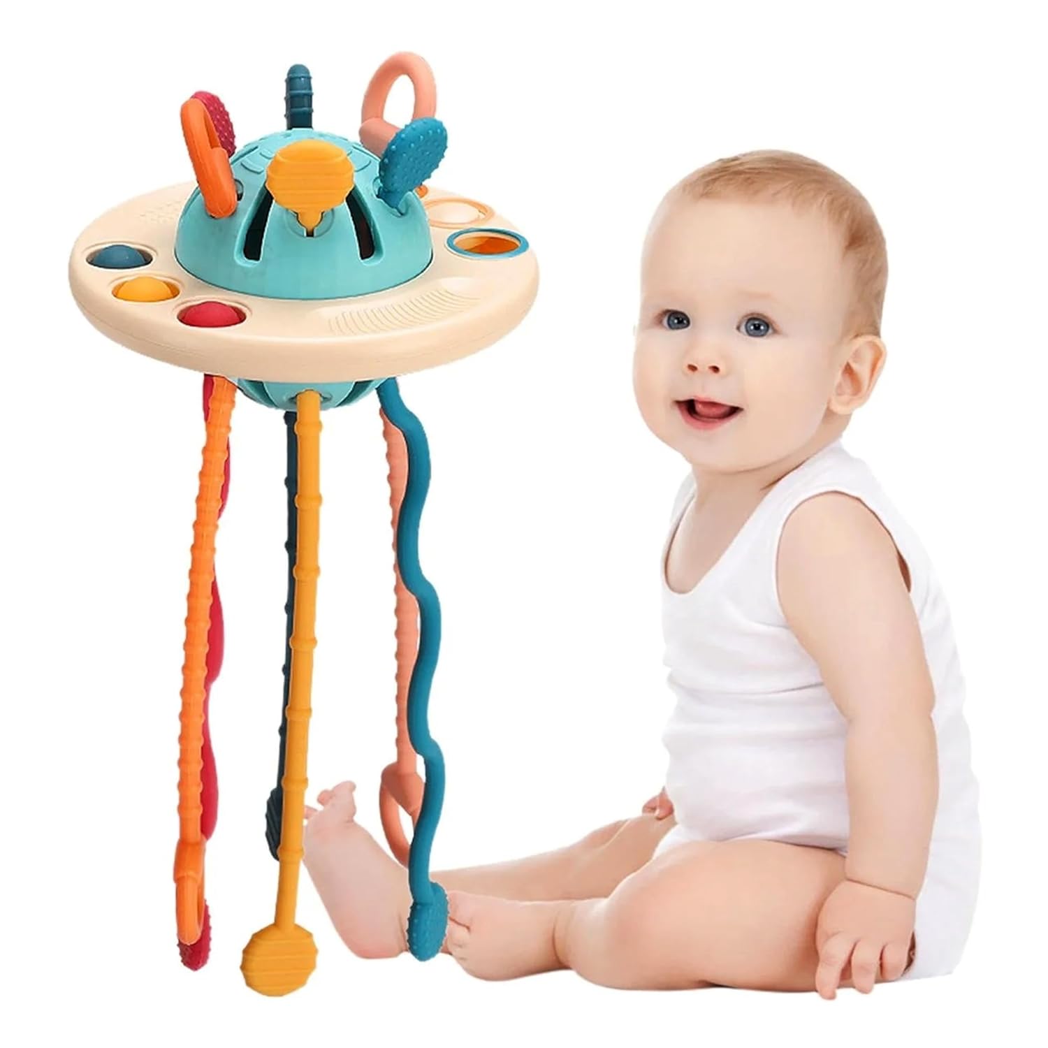 VIVATRA Montessori Teething Toy Set for Toddlers – Food-Grade Pull String, Perfect for 6+ Months Babies, Boys & Girls, Learning & Skills Development Toys, Travel-Friendly (UFO, Blue)