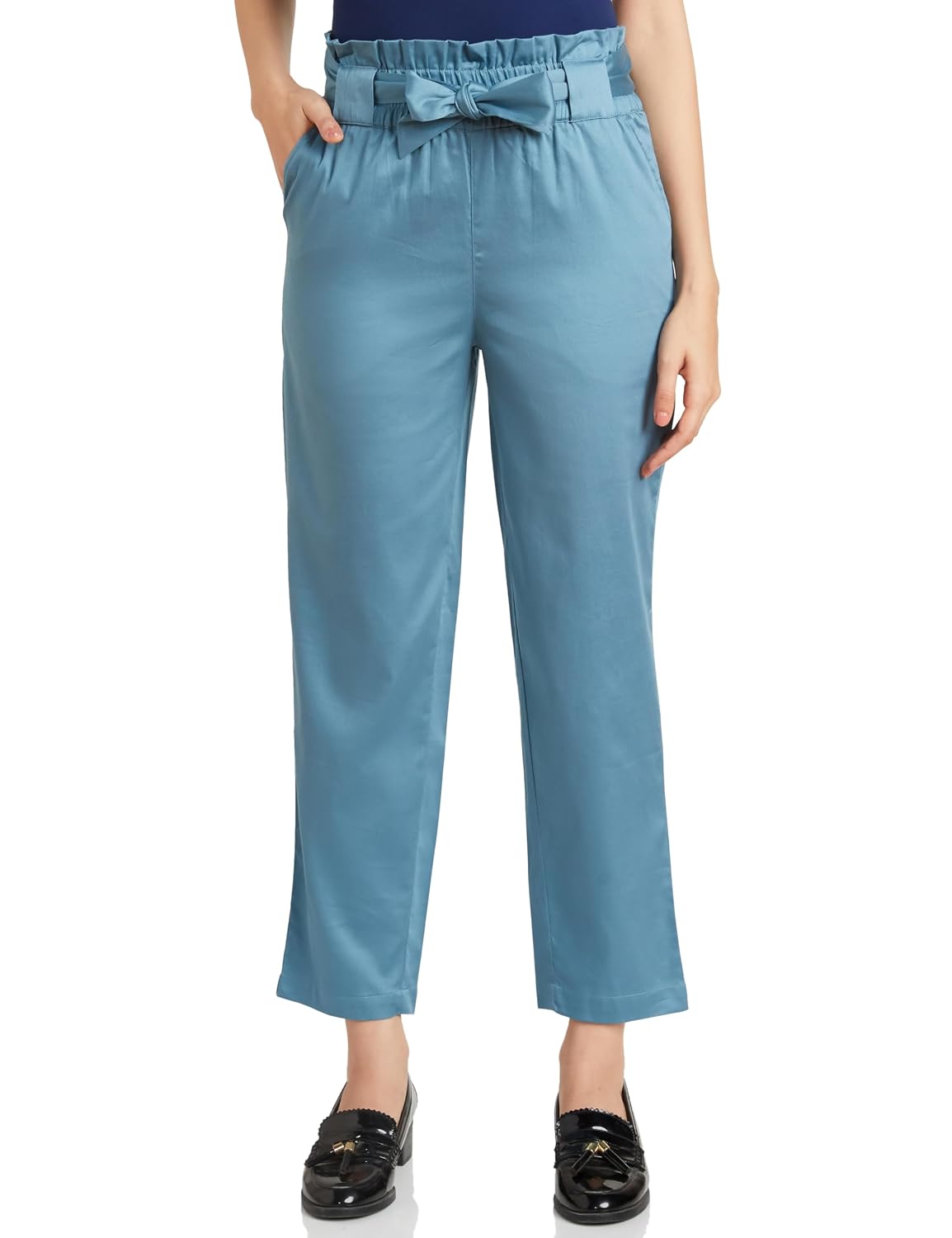 Amazon Brand - Symbol Women Tapered Paper Bag Trousers (High Rise Ankle Length with Self Fabric Belt) (Available in Plus Sizes)