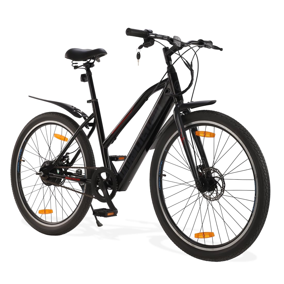 Urban Terrain Bolton Electric Cycle with Rigid Fork for Men,Range 20+km (Li-ion) Battery Cycle 27.5 inches Single Speed Electric Cycle | Ideal for 15+ Years, Unisex, Frame Size : 18 inch, BlackGrey