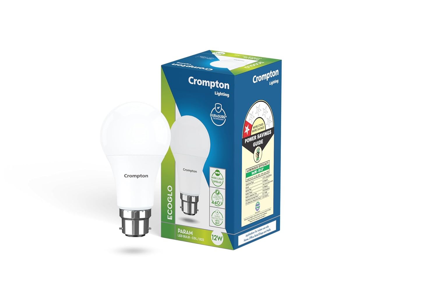 Crompton Param LED Bulb | 12W | Cool Day Light | B22 Base | 180 Degree Coverage | 4kV Surge Protection | 440V High Voltage Protection | Pack of 1