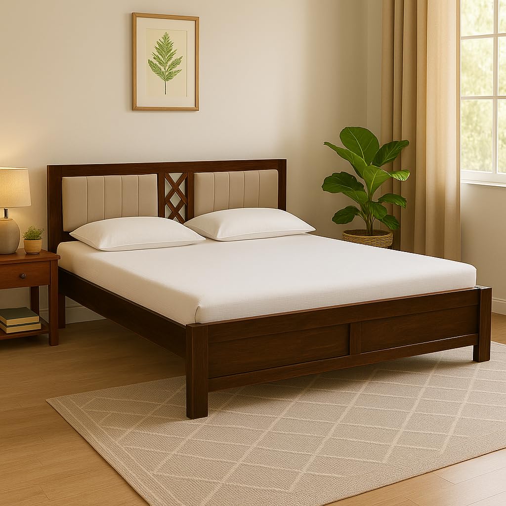 EXCEL HOME Solid Sheesham Wood King Size Bed Without Box Storage | Wooden Double Bed & Upholstered Cushined Headboard for Bedroom | Rosewood, Scratch Resistant Provincial Teak Finish