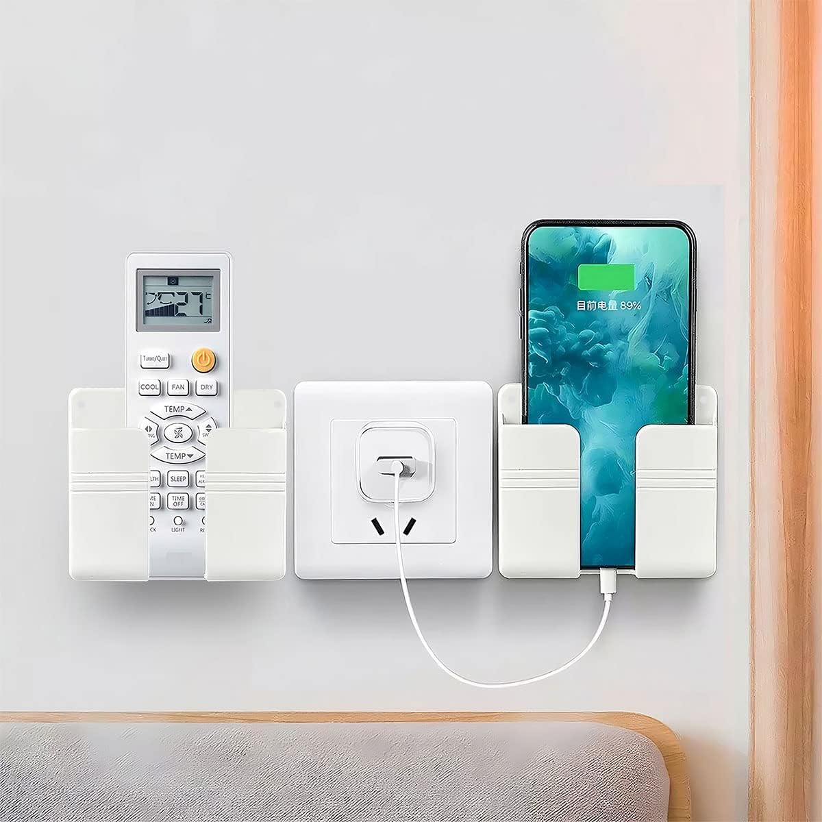 WALLVIEW TECH Pack of 2 Wall Mounted Mobile Holder & Storage Case for Remote with Charging Port, Adjustable Viewing Angle, Multi-Purpose Wall Stand for Phones(White)