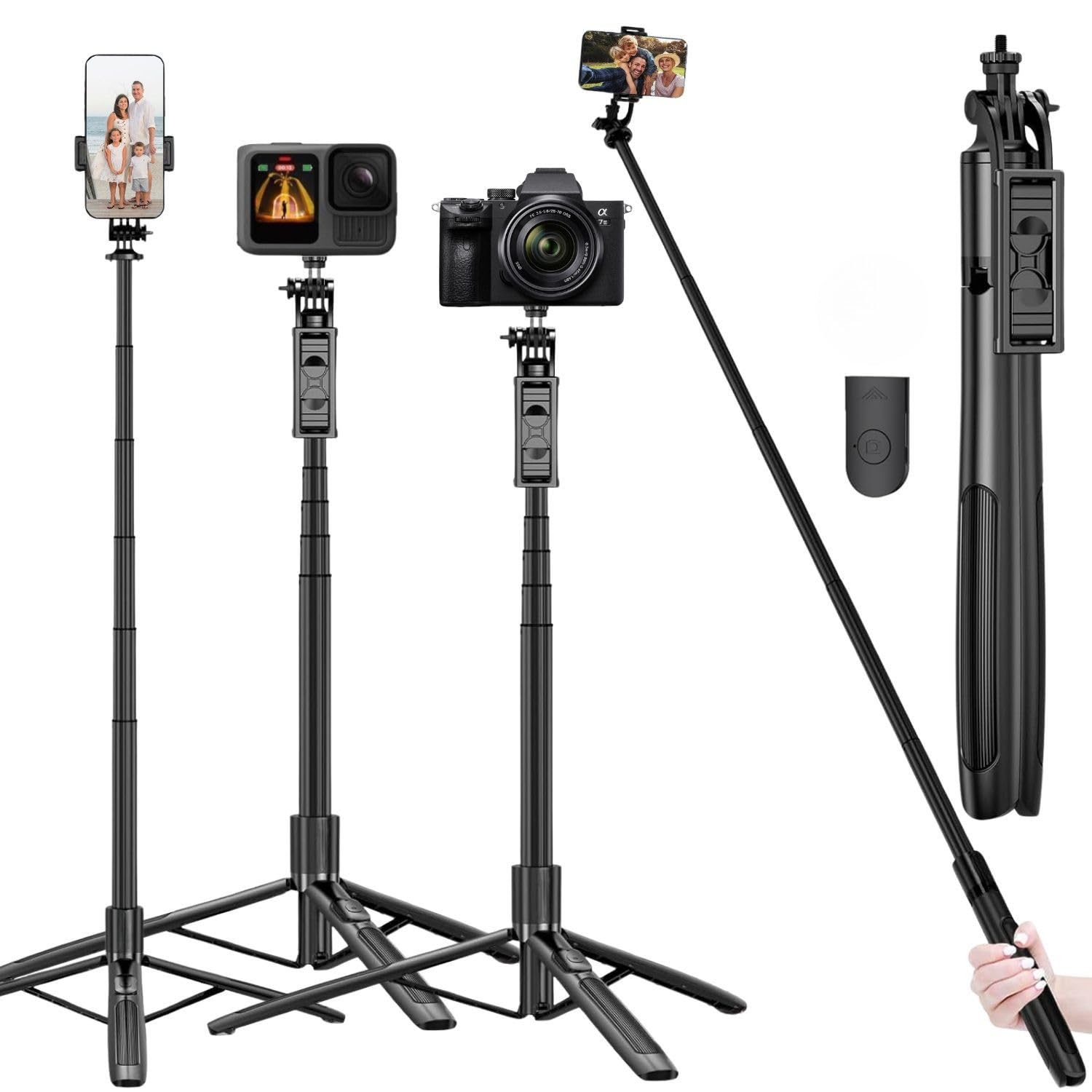 Tukzer Long Multifunctional Selfie Stick with Tripod Stand & Bluetooth Wireless remote Aluminum 61' For Iphone, Samsung & all Mobile Phones, Vlogging, Live Stream,1/4' Screw for DSLR Camera,Ring Light