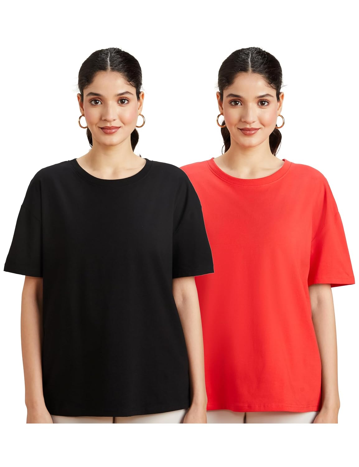 Amazon Brand - Symbol Women's Graphic Cotton Stretch Half Sleeve Round Neck Oversized Loose Fit T-Shirts (Front & Back Print (Available in Plus Sizes)