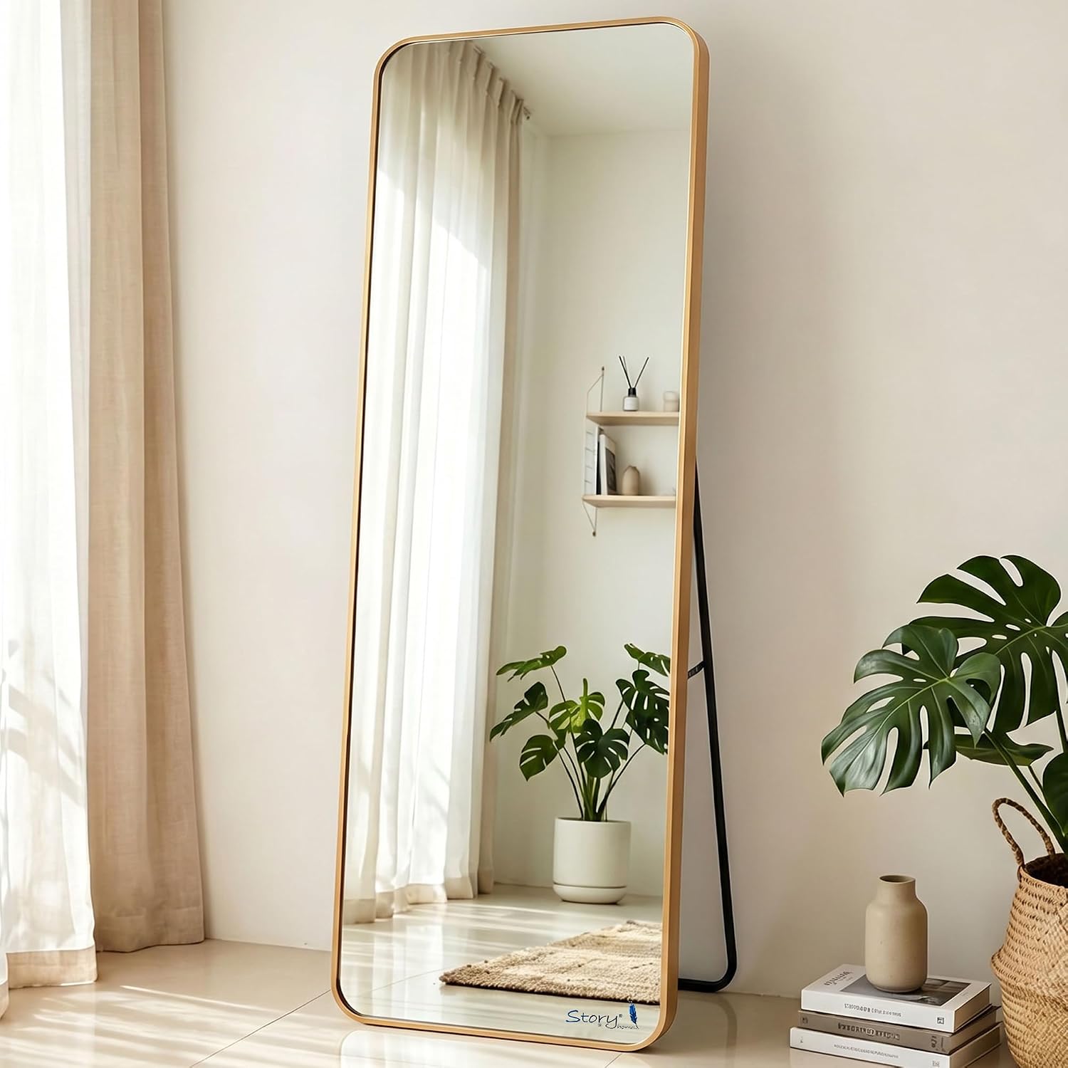 [Use Card] Story@Home Standing Mirror Full Length with Stand | Aesthetic Standing Mirror for Bedroom | Metal Heavy Thick Frame Cheval Mirror Freestanding with Attached Stand - 5.25 feet, Gold