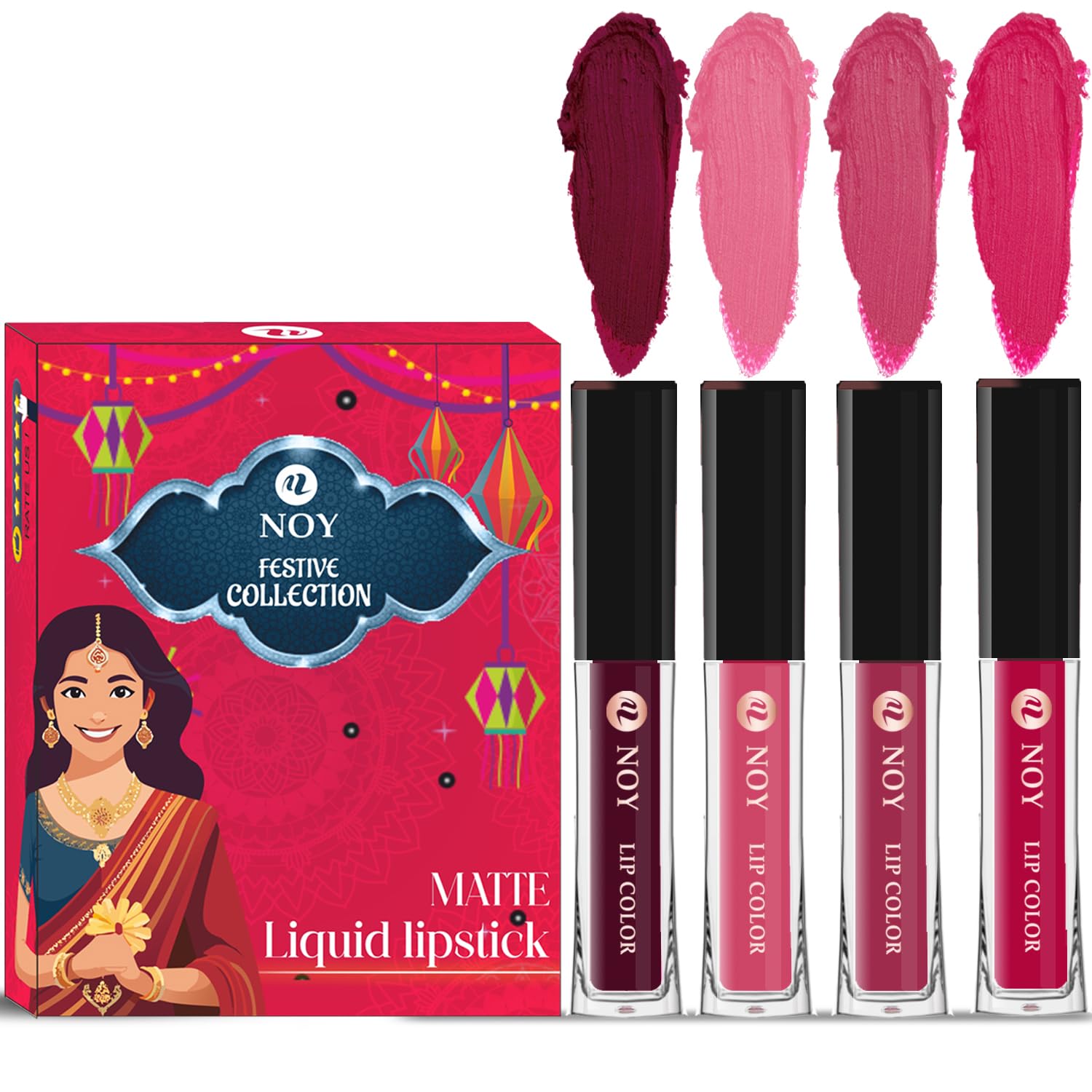 Noy Liquid Matte Festival Lipstick Pack 4 Essential Colors Wine, Peach, Pruple, Magenta Shades