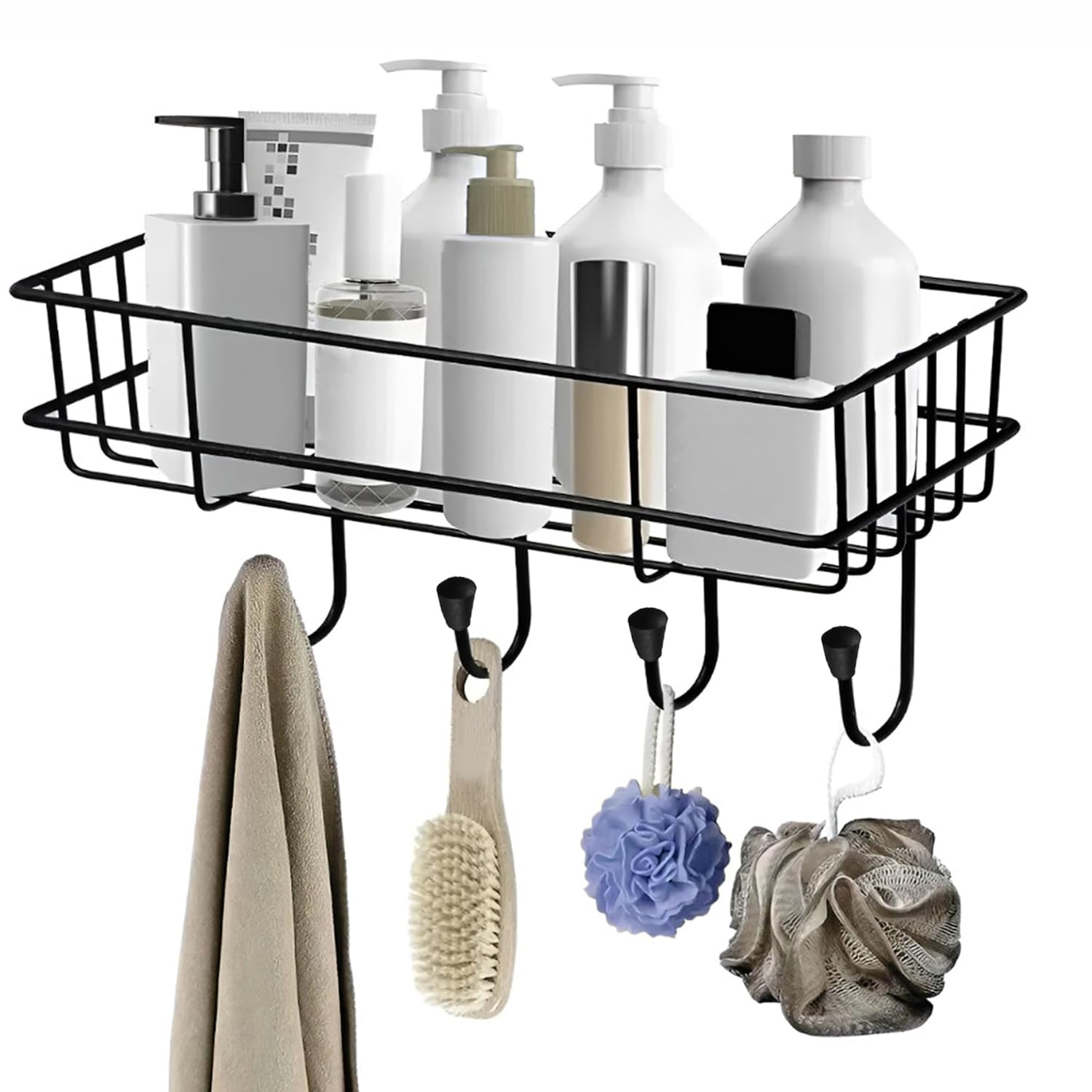 Story@Home Bathroom Shelf Organizer with Magic Stickers | Self-Adhesive | Premium Rectangular Shower Caddy -Sleek Black Powder Coated- Ideal for Kitchen Essentials and Bathroom Accessories | Pack of 1
