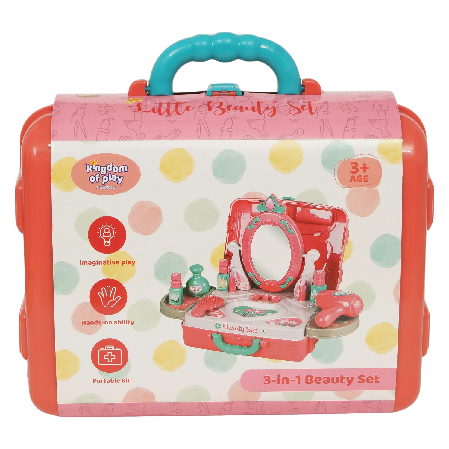 Kingdom of Play 2-in-1 Beauty Set Briefcase for Kids, Portable Makeup and Salon Pretend Play kit with Stylish case Design, Perfect for Creative Role-Play and on-The-go Fun.
