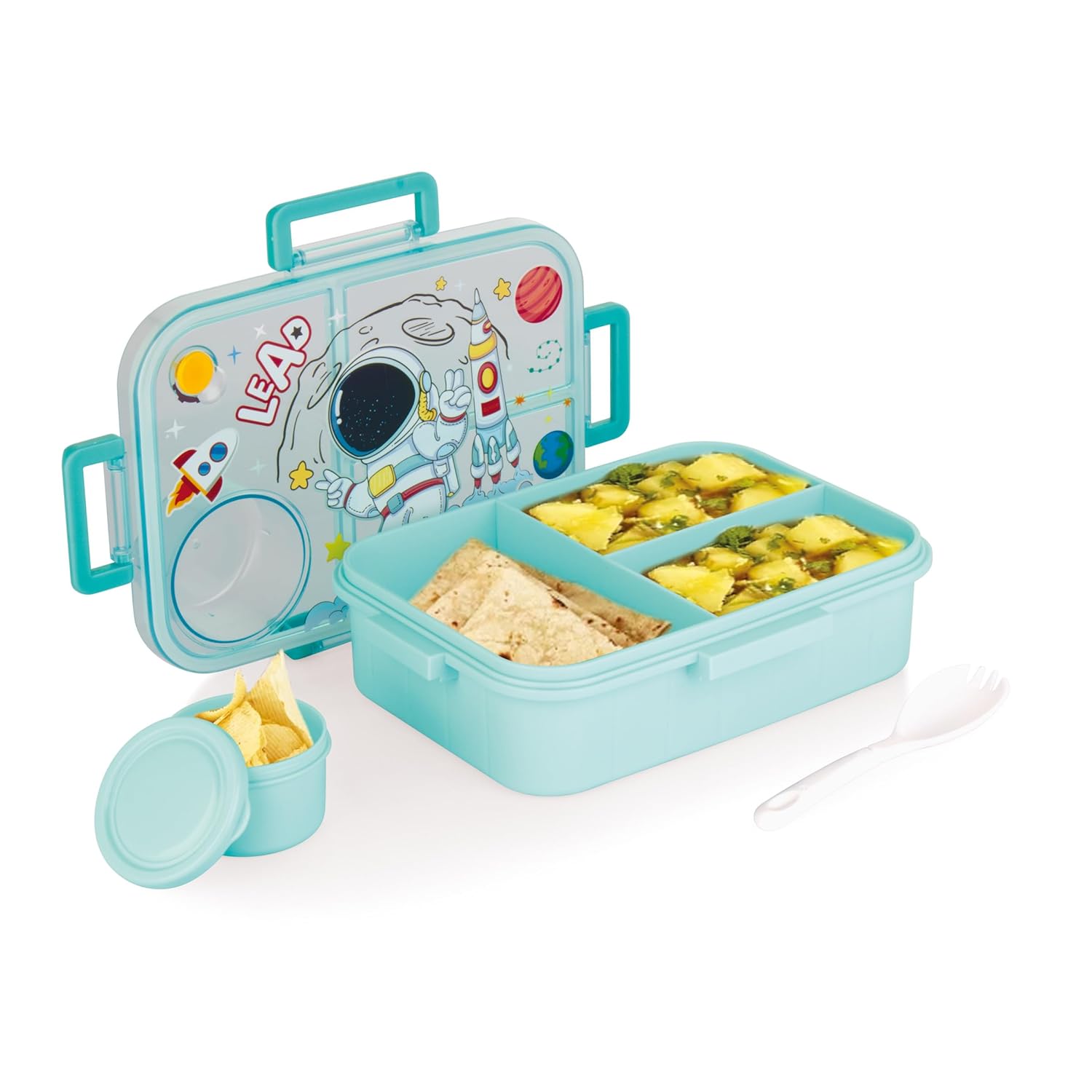 ATTRO Arista Kids Plastic Lunch Box Astronaut Space Themed with 3 Compartment 1 Small Container Air-Tight Leakproof BPA Free 1200ml+80ml- Light Blue