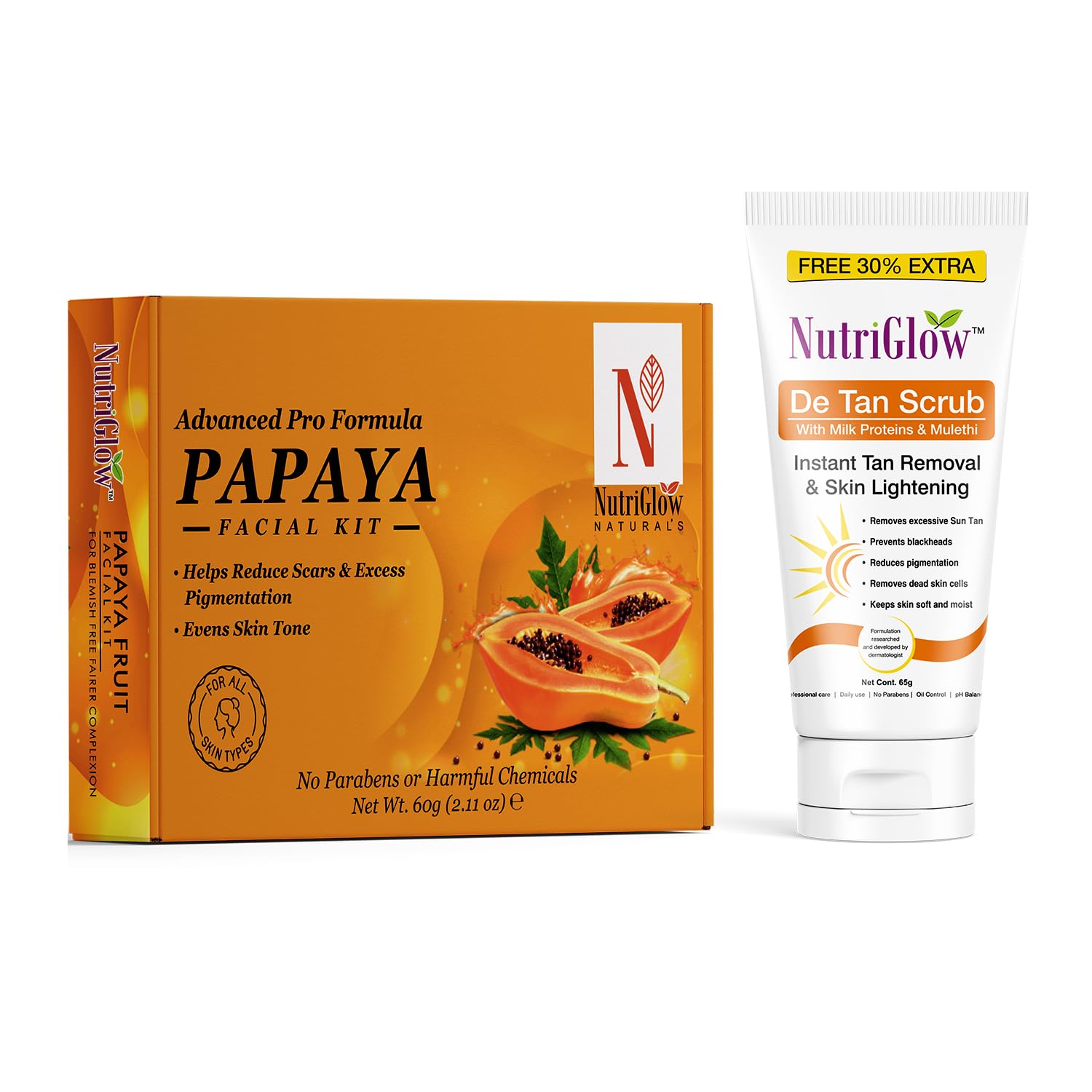 NutriGlow NATURAL'S Advanced Pro Formula Papaya Facial Kit For Glowing Skin (60gm) and De Tan Scrub (65gm) for Instant Tan Removal & Skin Lightening, Pack of 2