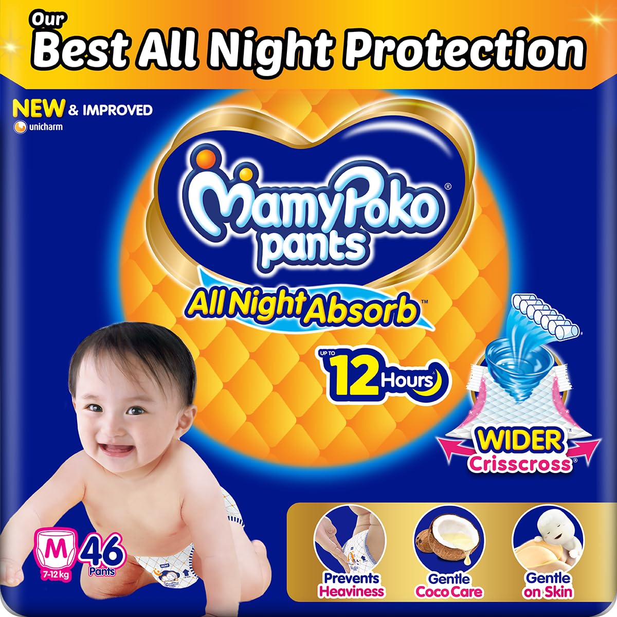 Mamypoko pants All night absorb|Pant Style Baby Diapers Medium Size(M), 46 Count, Ideal for 7-12Kgs|1 Diaper= Upto All night Absorption|Wider Crisscross Sheet|Gentle Coco Care| 12hr Leakage Protection