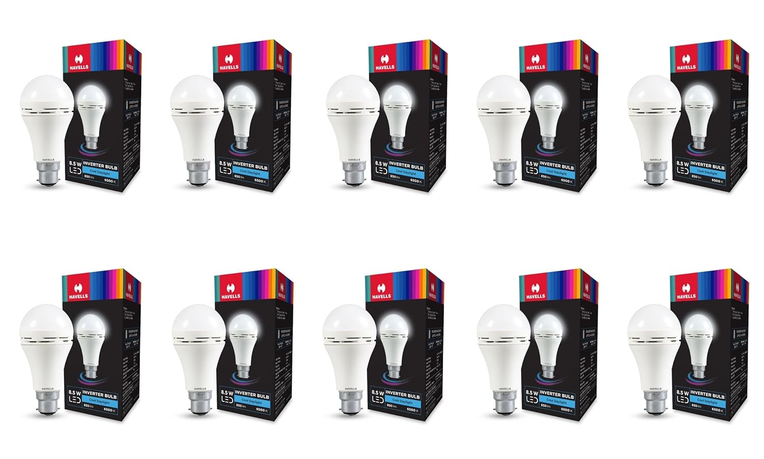 HAVELLS 8.5w LED Emergency Bulb | Shatter Resistant |Cool Day White (6500K) | B22 LED Bulb Base | Inverter Bulb for home,4 Hours battery back up| Li-ion Battery | Over charging Protection (PACK OF 10)