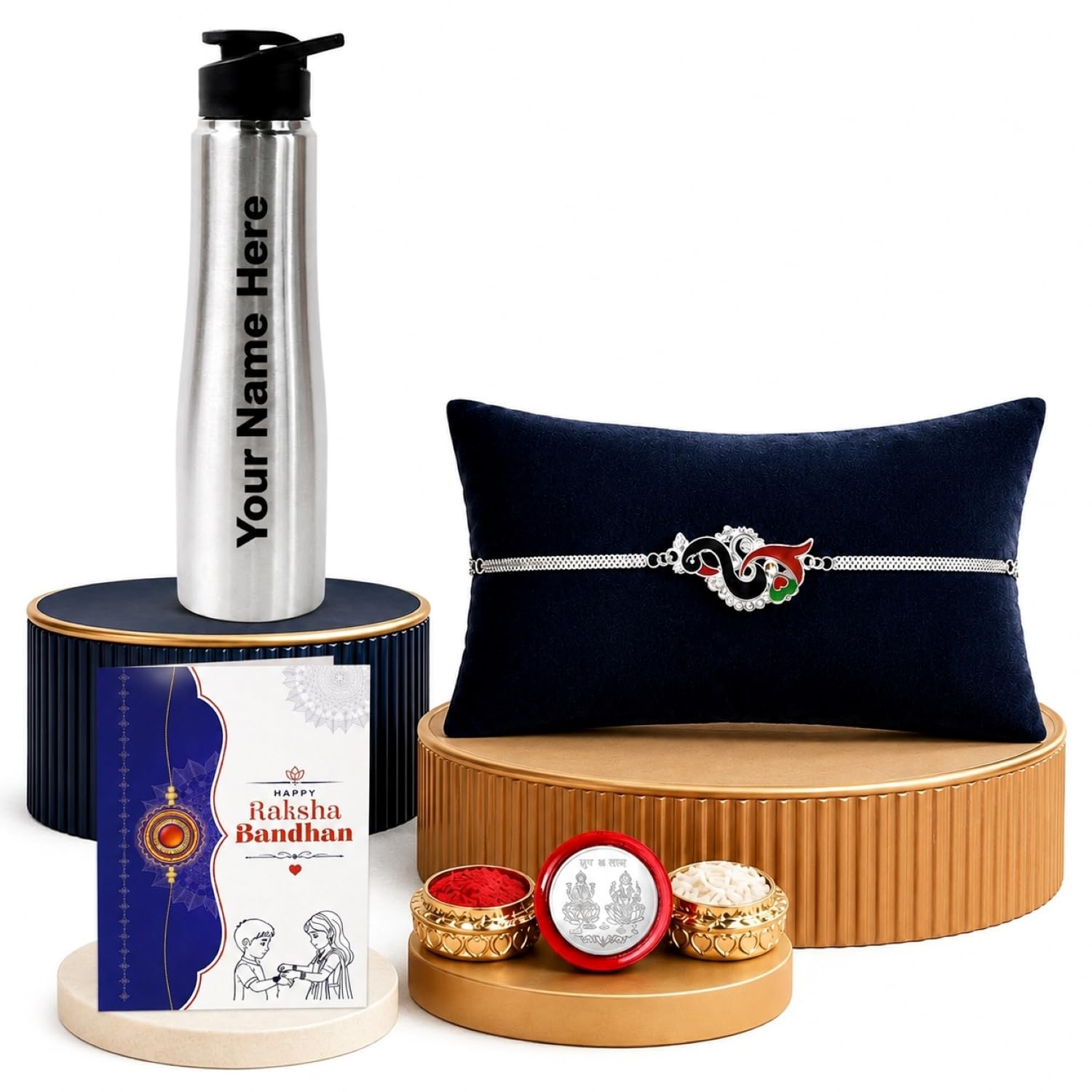 DeoDap Rakshabandhan Multicolor Rakhi (K2_256+257_TMR) Rakhi with Coffee Mug Flask, Pooja Material, Pooja Coin & Greeting