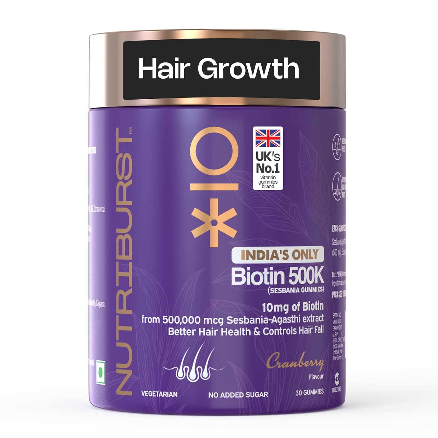 Nutriburst Biotin Gummies for Hair Growth | 10mg Biotin from 500,000 mcg Sesbania Extract | Cranberry Flavour | Stronger, Shinier Hair | No Added Sugar | 30 Days Pack