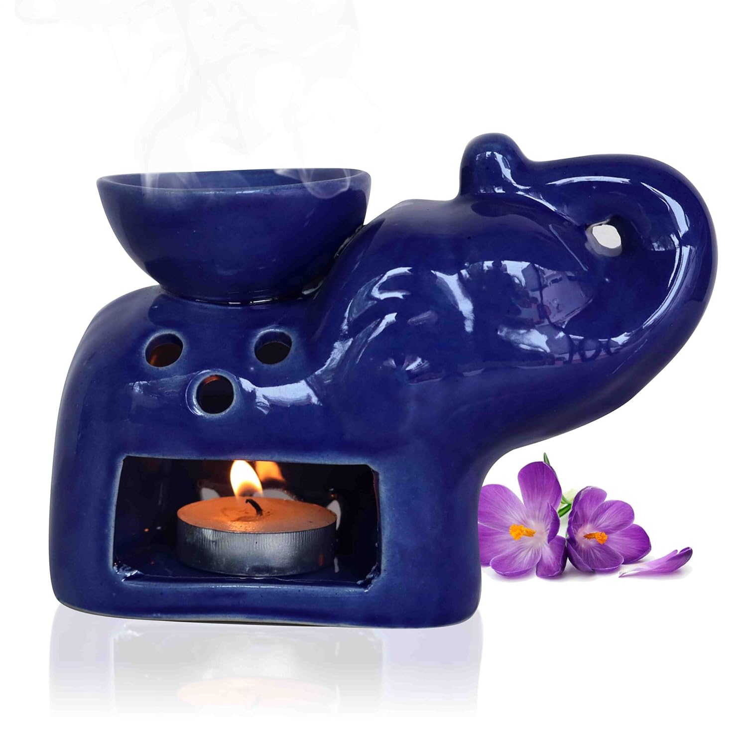 Pure Source India Blue Elephant Ceramic Oil Burner with Tealight Candle – Handcrafted Decorative Aroma Diffuser for Home & Spa Use