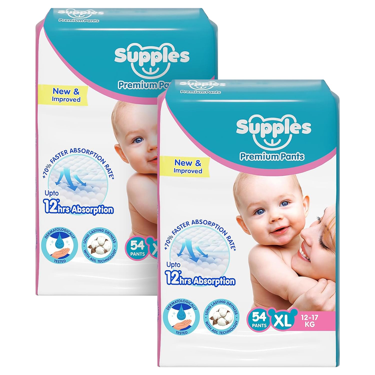 Supples Premium Baby Diaper Pants | 108 Baby Diapers | XL | 12-17 Kg | 12 Hrs Absorption | Cushiony Cotton Soft Fabric | Phthalates-Free | Triple Leak Guard | 54 Count, Pack of 2