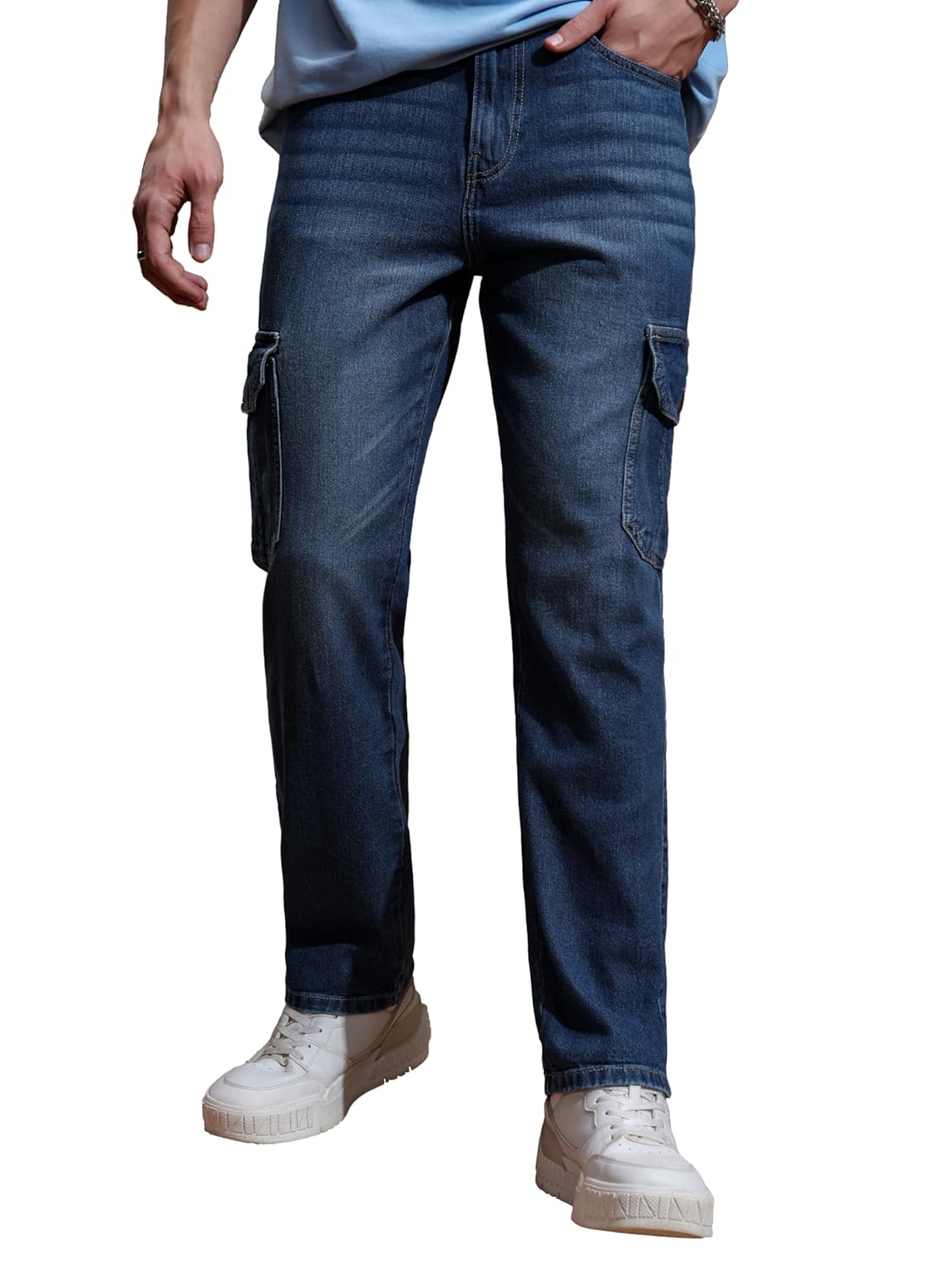 Highlander Men’s Relaxed-Fit Cargo Pocket Jeans | Clean Look | Cotton Comfort | Utility Style| Jeans for Man