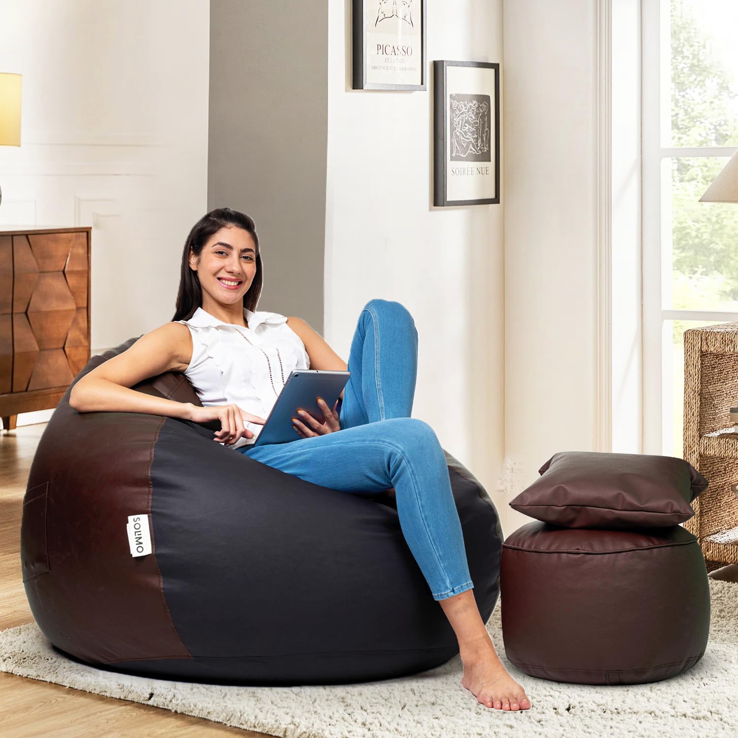 Amazon Brand - Solimo Premium Faux Leather Bean Bag Combo with Footrest & Cushion Combo, Filled with Beans | Capacity: Upto 6 Ft Height, 100 KG Weight | 2XL | Black and Brown