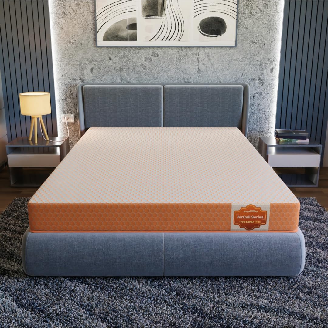 SleepyHug AirCell Ortho Spinex Plus 5 inch HR Foam Mattress | 3 Zones Support |5 Years Warranty | Back Pain Relief |Spine Alignment | Queen Bed Size White & Orange (LxWxH -78x60x5 Inch)