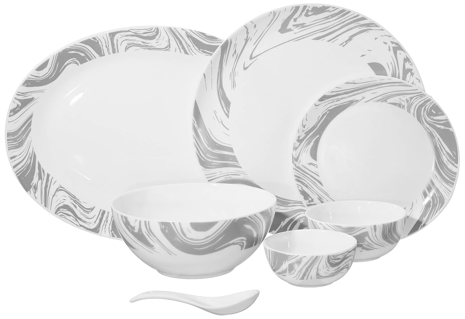 Larah by Borosil - Moon Series, Marble 33 Pieces Opalware Dinner Set, White