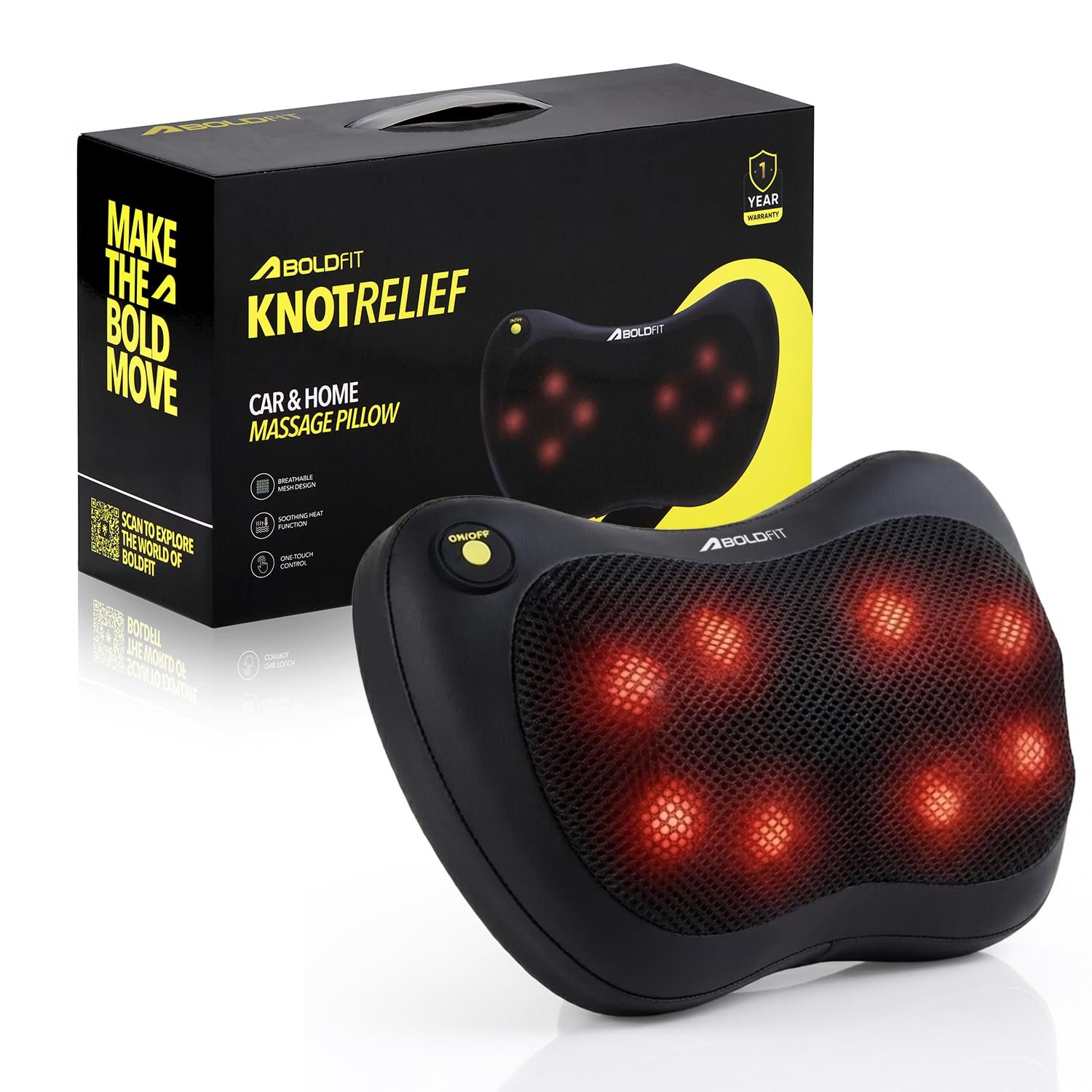 Boldfit KnotRelief Electric Shiatsu Back & Neck Massager, 4 Deep-Kneading Nodes, Infrared Heat, Bi-Directional Rotation, Portable Back Massager for Pain Relief, Car & Home Use, 1-Year Warranty
