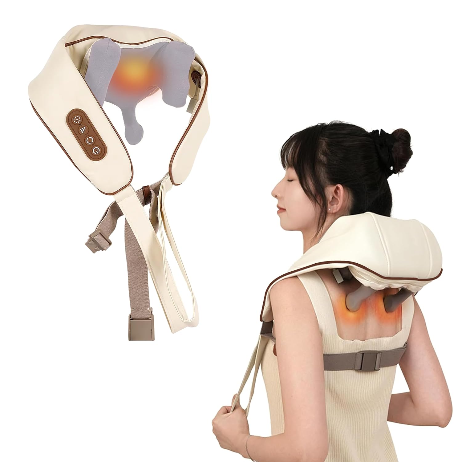 Robustt Neck and Back Massager with Heating Mode, Massager for Body Aches and Pains Relief, Electric Wearable 6D Cervical Neck Massage Machine for Deep Tissue Neck, Back, Waist and Legs - Beige