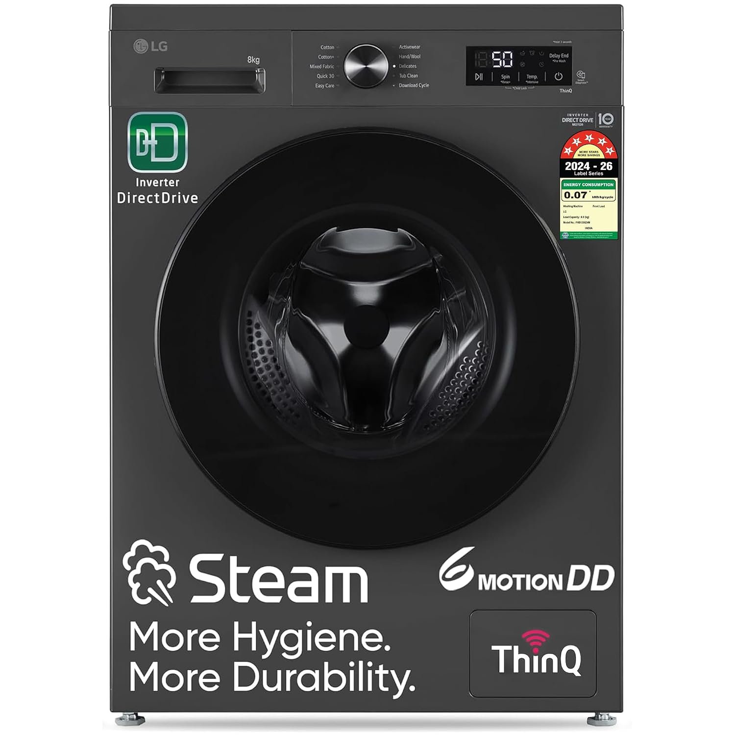 [Use Card] LG 8 Kg, 5 Star, Wi-Fi, Direct Drive Technology, Steam Wash, 6 Motion DD, Fully-Automatic Front Load Washing Machine (FHB1208Z4M, Allergy Care, In-Built Heater, Touch Panel, Middle Black)