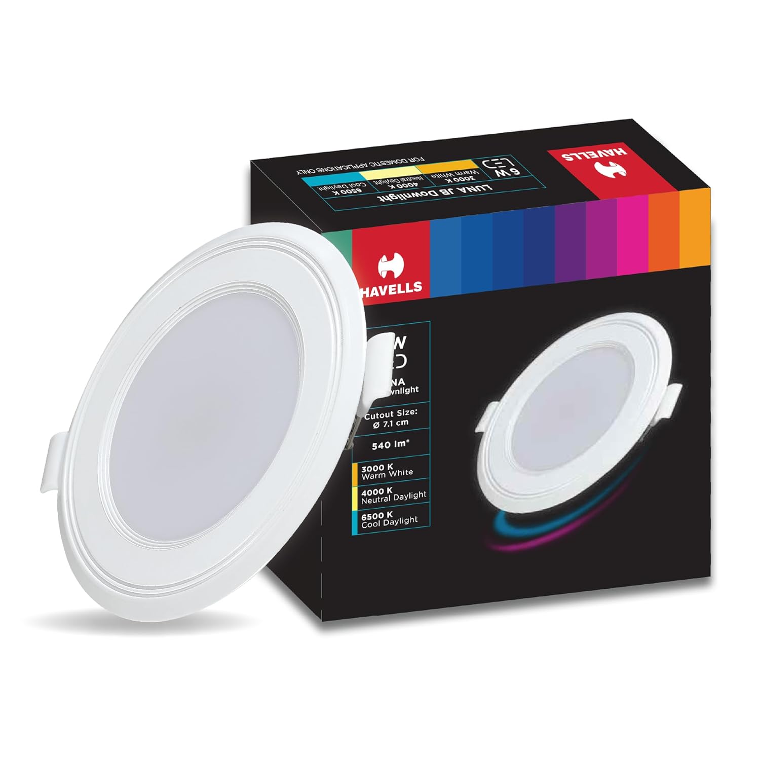Havells Polycarbonate Luna 6W Downlight for Junction Box Round | Colour - Warm White 3000K |3 inch Cutout, 22mm Height | High Voltage Protection Upto 4KV | Pack of 1
