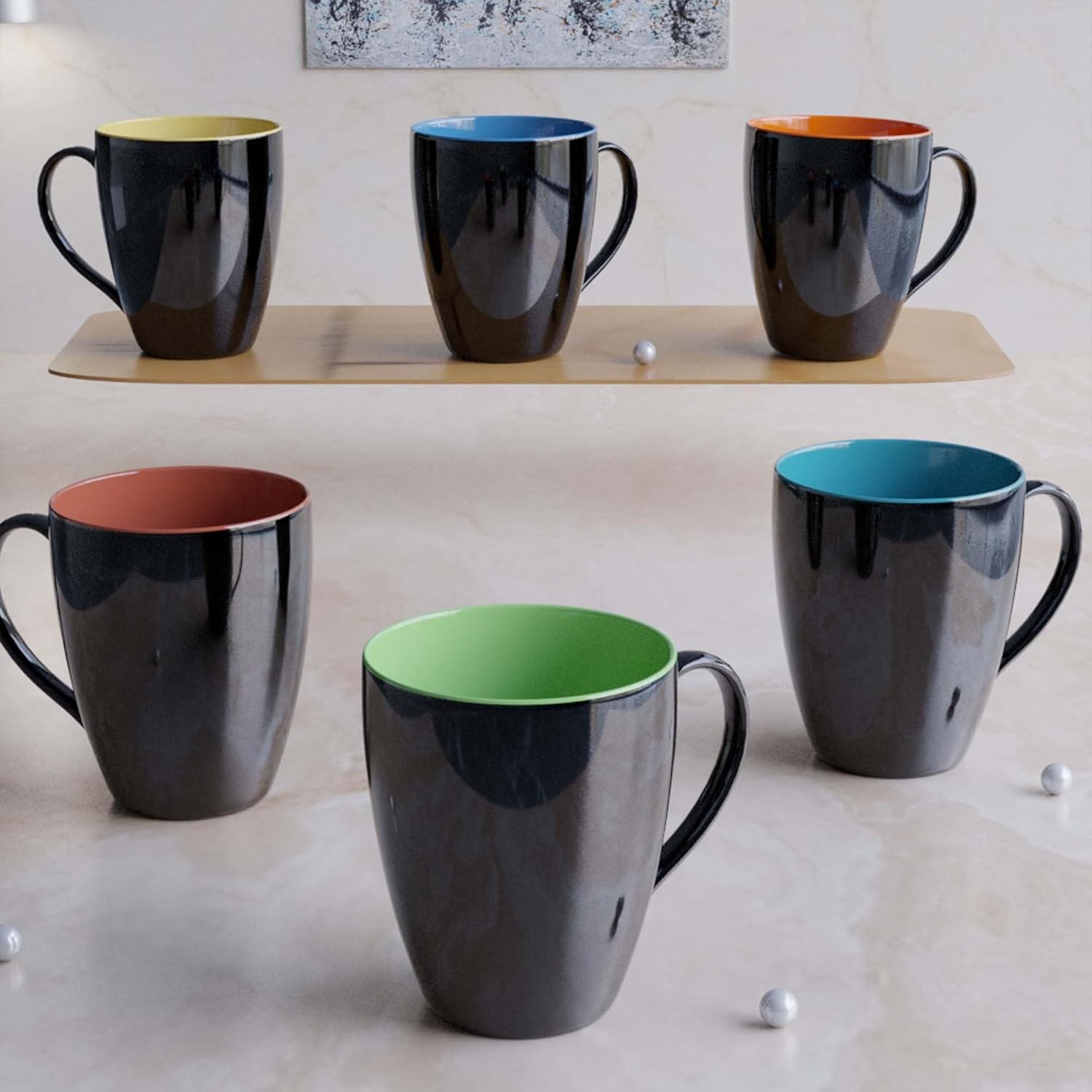 The Earth Store Black Shine Multicolor Coffee Mug - Ceramic Tea Cups, Milk Mugs, Microwave Safe | Best for Gifting | 350ML Set of 6