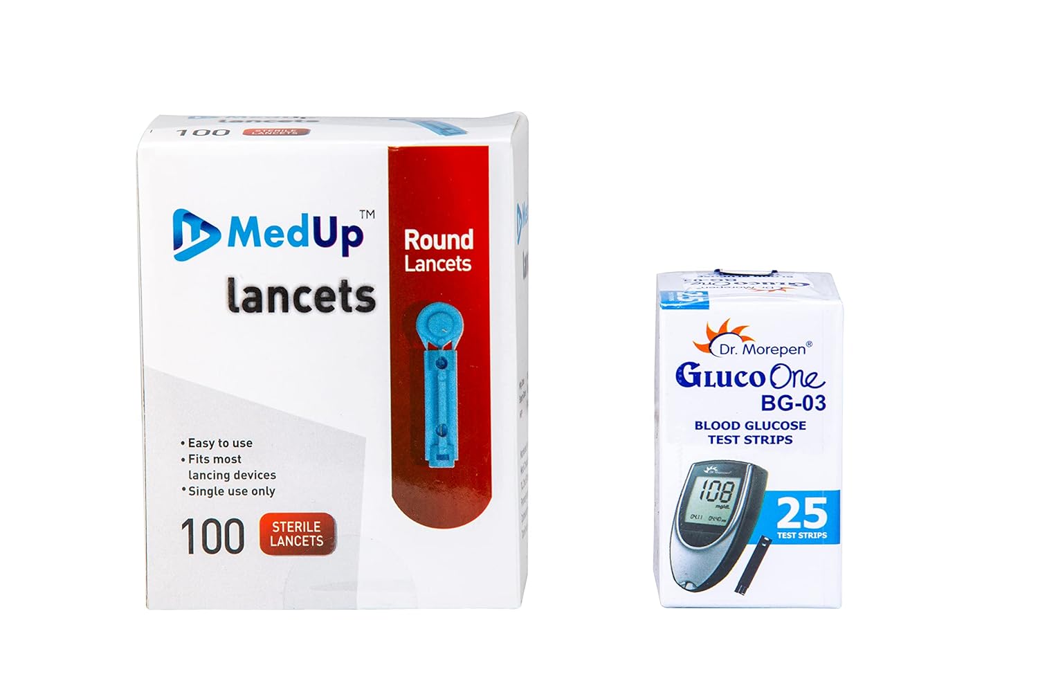 MedUp Round 100 Lancets with DR. MOREPEN BG-03 25 Test Strips Combo (No Glucometer), Blue