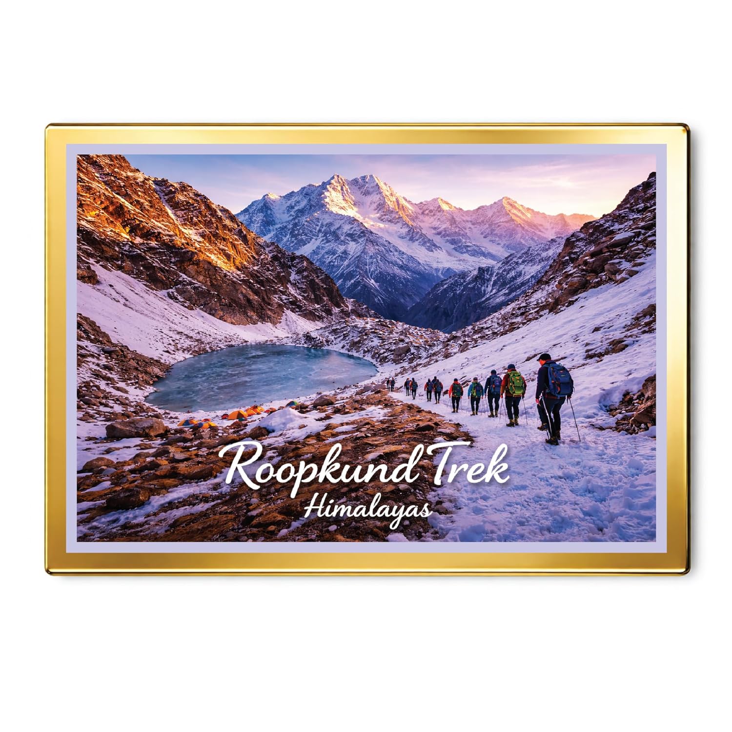 Decorative Fridge Magnet with Glowing Border | Pack of 1 (Roopkund Trek, Himalayas, 4x3 inch - Golden Border) short