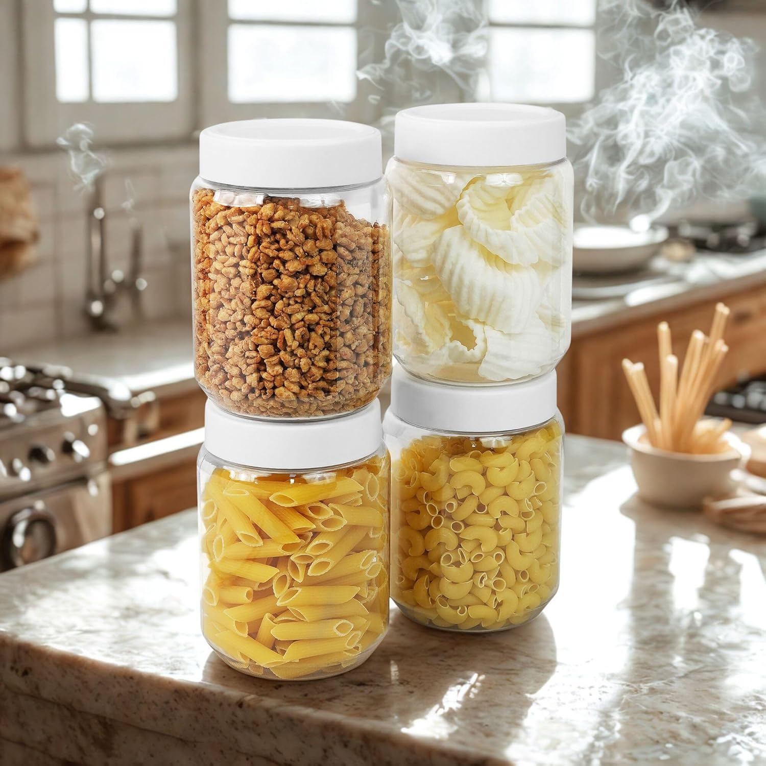 SCL Steelo Vistta Round Containers with White Screw Lid | BPA-Free Premium Plastic Kitchen Storage Jars | Durable, Airtight & Stackable | Ideal for Grains, Snacks, Pulses & More | 750ML, 4pcs Set