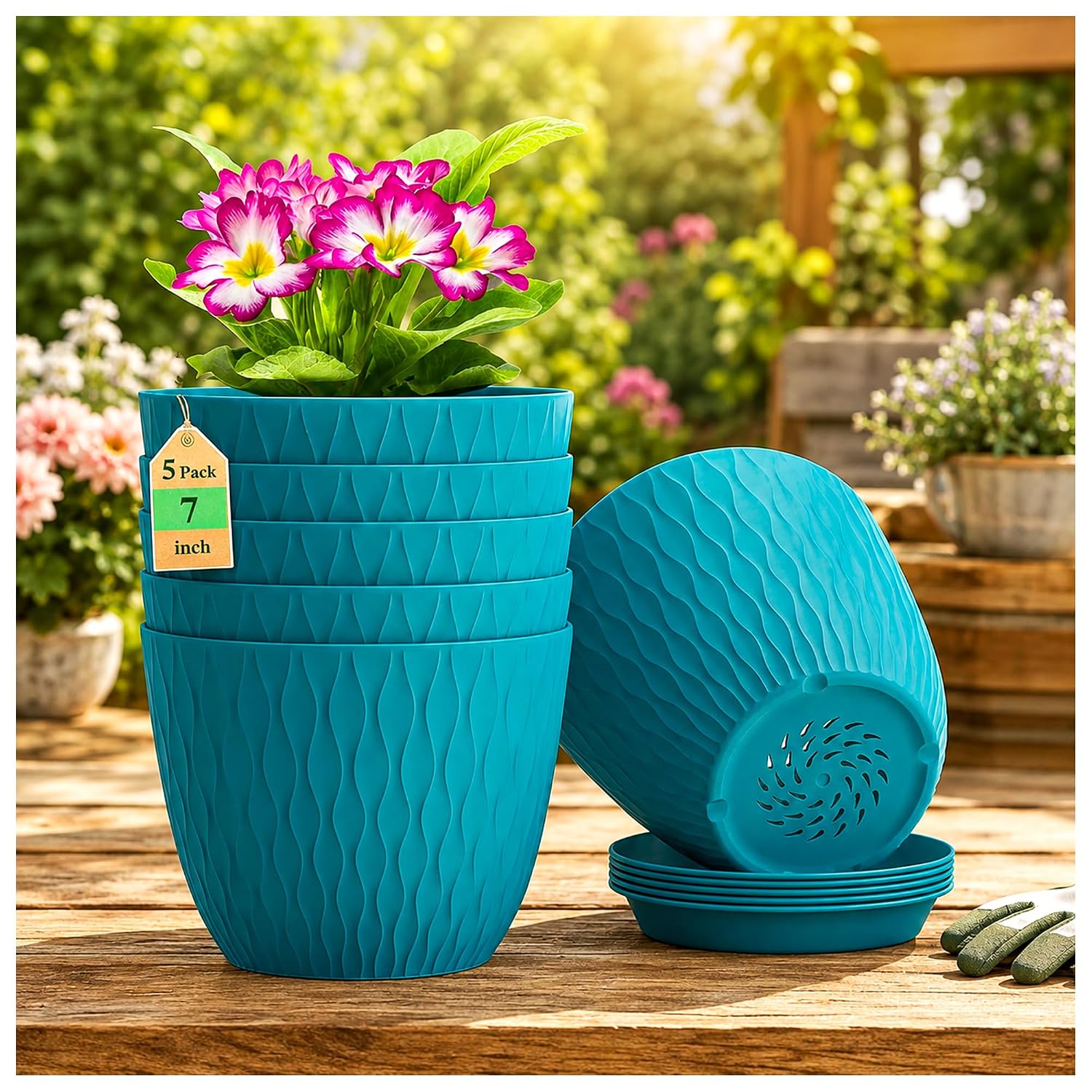 SWAPKART (Pack of 5 6 Inch Plastic Flower Pots for Indoor & Outdoor Terrace,Garden Plants Decorative Planters with Drainage Holes & Matching Saucers Durable & Lightweight (Peacock)
