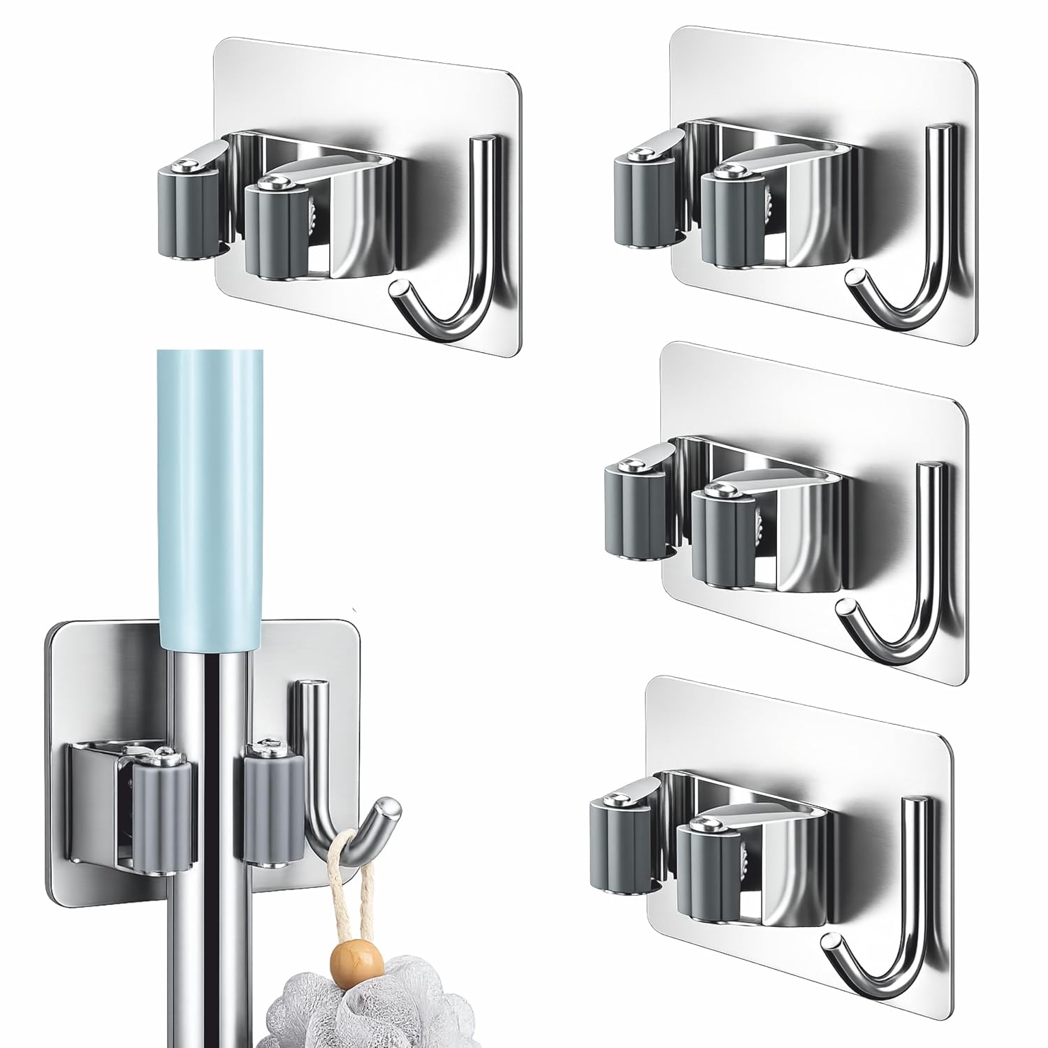 JIALTO 4 Pcs Adhesive Mop Holder and Broom Holder Wall Mounted Stainless Steel | Heavy Duty Mop & Broom Organizer with Hooks | Adhesive Storage Rack for Kitchen, Bathroom & Garage (Silver, 4)