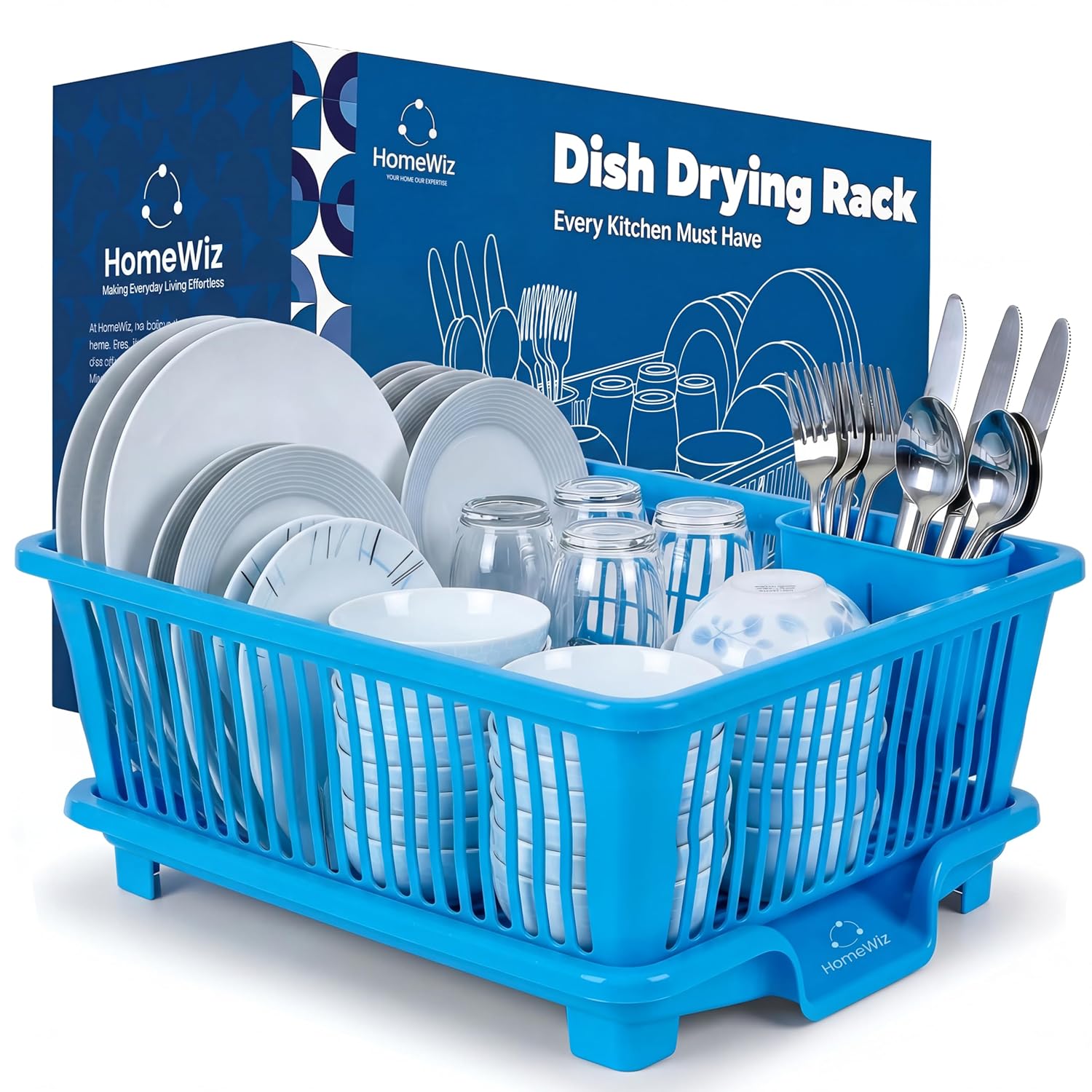 HomeWiz Dish Drying Rack | 3 in 1 Heavy-Duty Dish Drainer Basket with Drain Tray & Built in Cutlery Holder | Strong Plastic Dish Drying Rack for Plates & Bowls | Kitchen Countertop Organizer | Blue
