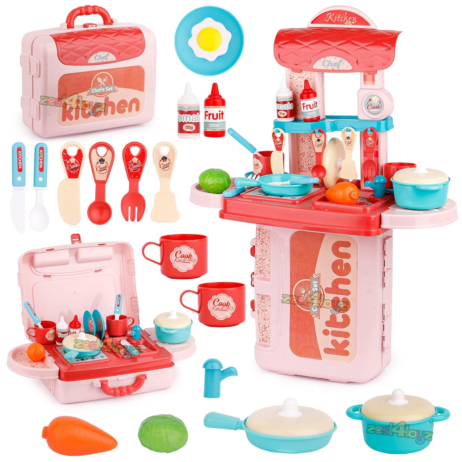 Zest 4 Toyz Kitchen Set for Girls 3-in-1 Portable Suitcase Toy Kitchen Cooking Set with Pots Utensils & Food Toy for Kids (19 Pieces) Role Play Home Game for Girls
