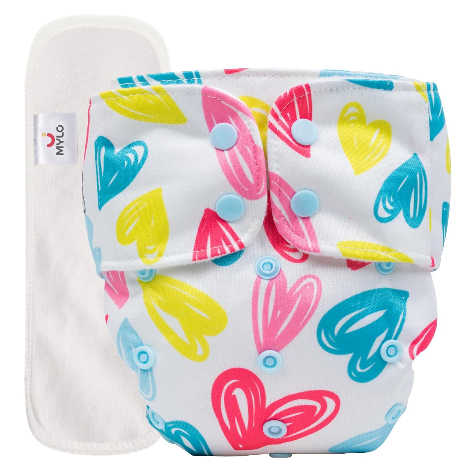 Mylo Leak-Proof Baby Cloth Diaper Combo (1 Diapers + 1 Inserts) | Free Size (3M-3Y) | High Absorption | Quick Dry | Oeko-Tex Certified | Washable - Heart Doodle
