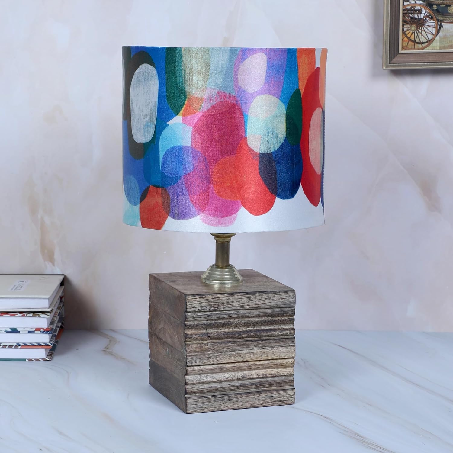 tu casa Mangowood Square Block Style Table Lamp for Home Decoration, Bedroom, Living Room, Lounge, Office, Festival Gifting, Study Table (Abstract Print with Satin Shade) H - 12' / No Blub
