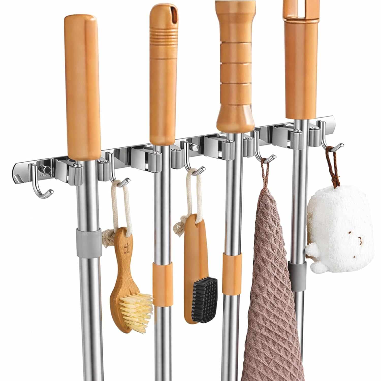 JIALTO Adhesive Broom Holder and Mop Organizer | Mop Holder For Wall Without Drilling with 4 Slots and 5 Hooks for Kitchen, Garage, Garden, and Utility | Space Saving Cleaning Tool (Silver)