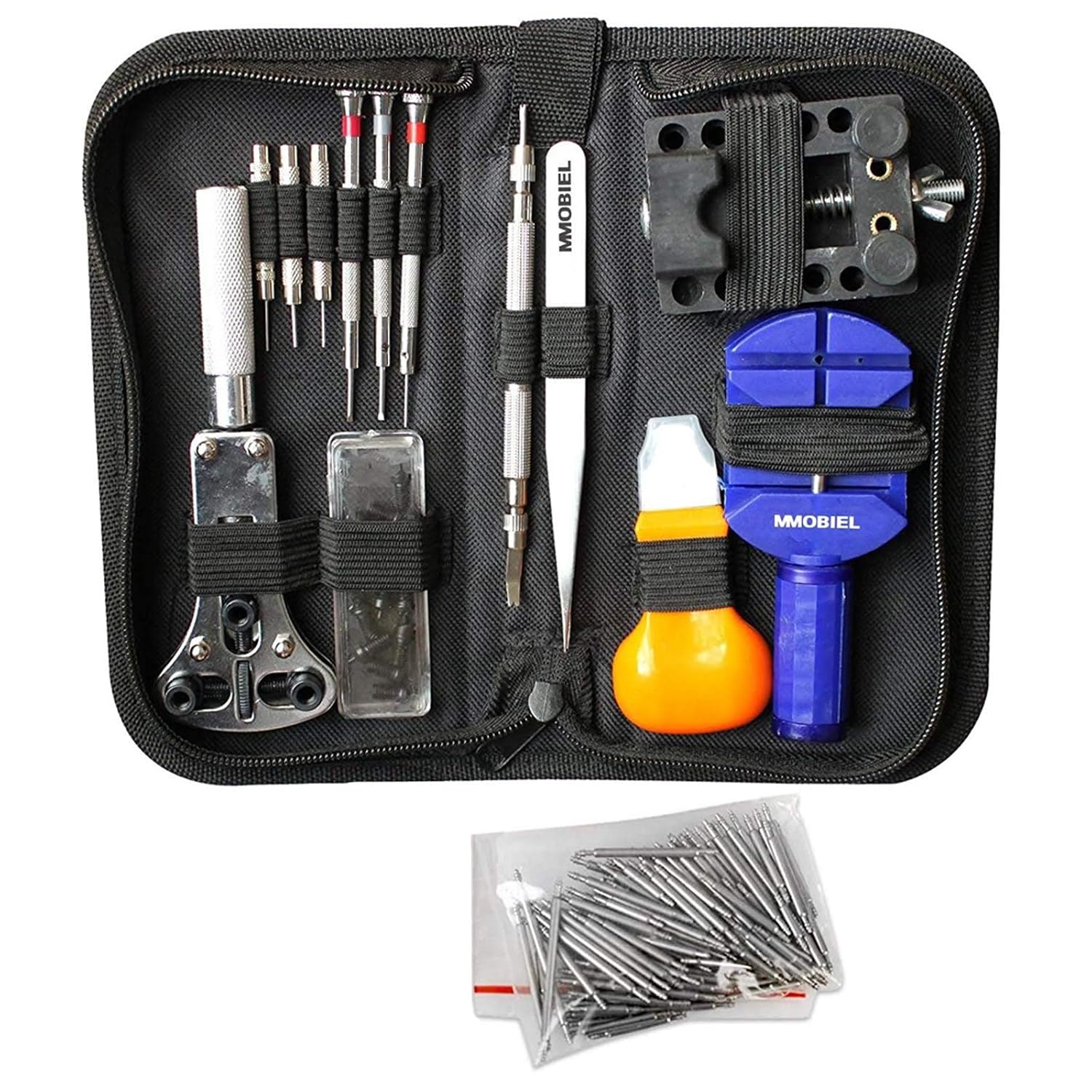 MMOBIEL 144 PCS Professional Watch Repair Tool Kit Incl Spring Pin Bars and Back Case Opener Screw Wrench in Nylon Bag