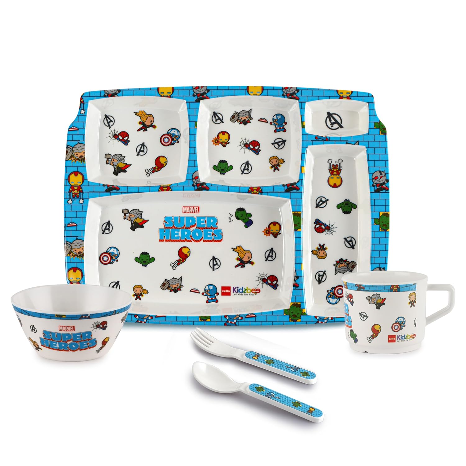 Cello Kidzbee Pentameal Super Hero Melamine Meal Set for Kids, Set of 5, Blue | BPA Free and Food-Grade Material | Attractive and Kidfriendly Designs | Break Resistant & Durable Set